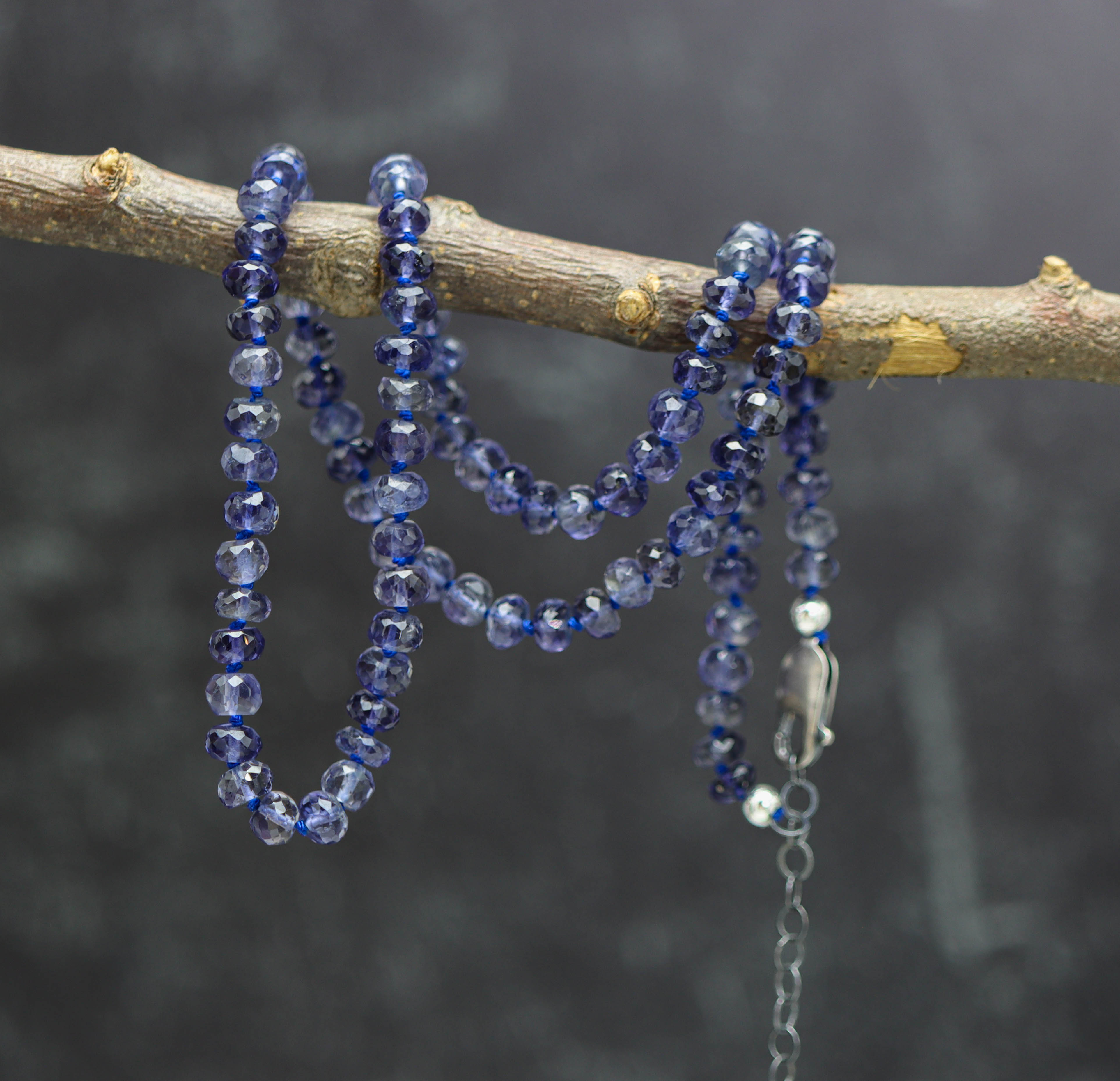 Blue Violet Iolite Hand Knotted Bead Necklace Sterling Silver 18 inch