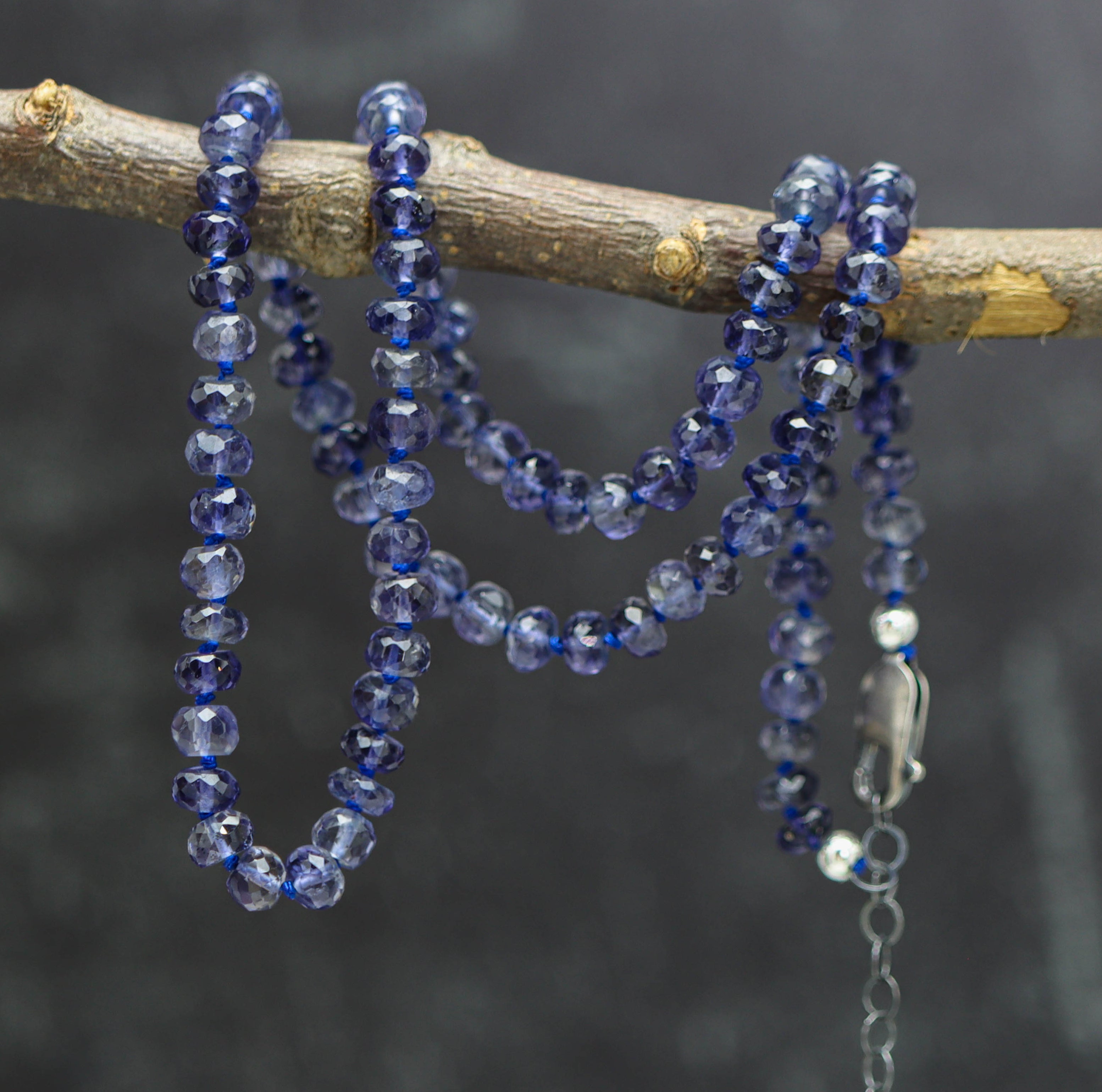 Blue Violet Iolite Hand Knotted Bead Necklace Sterling Silver 18 inch