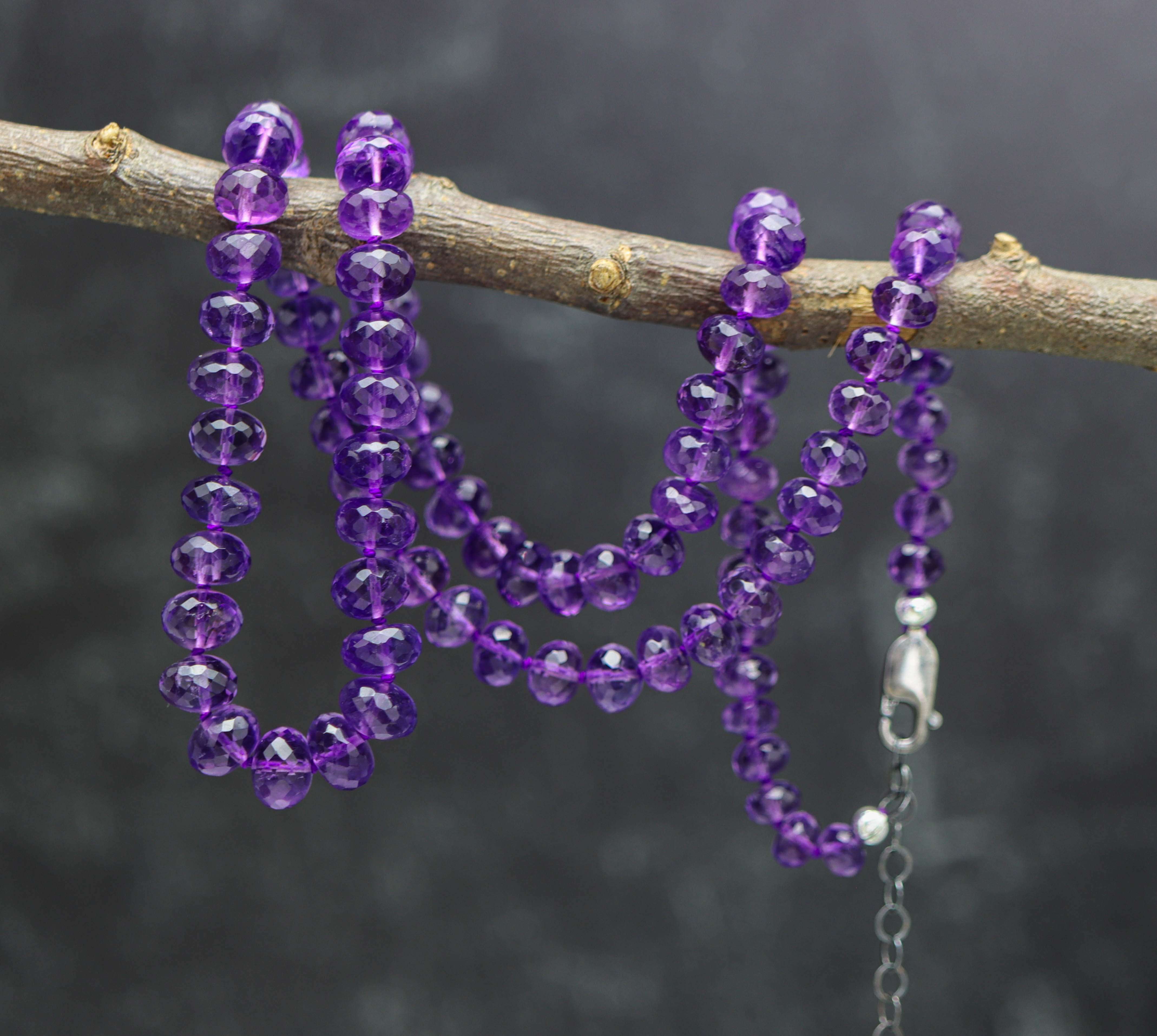 Amethyst Hand Knotted Bead Necklace Sterling Silver