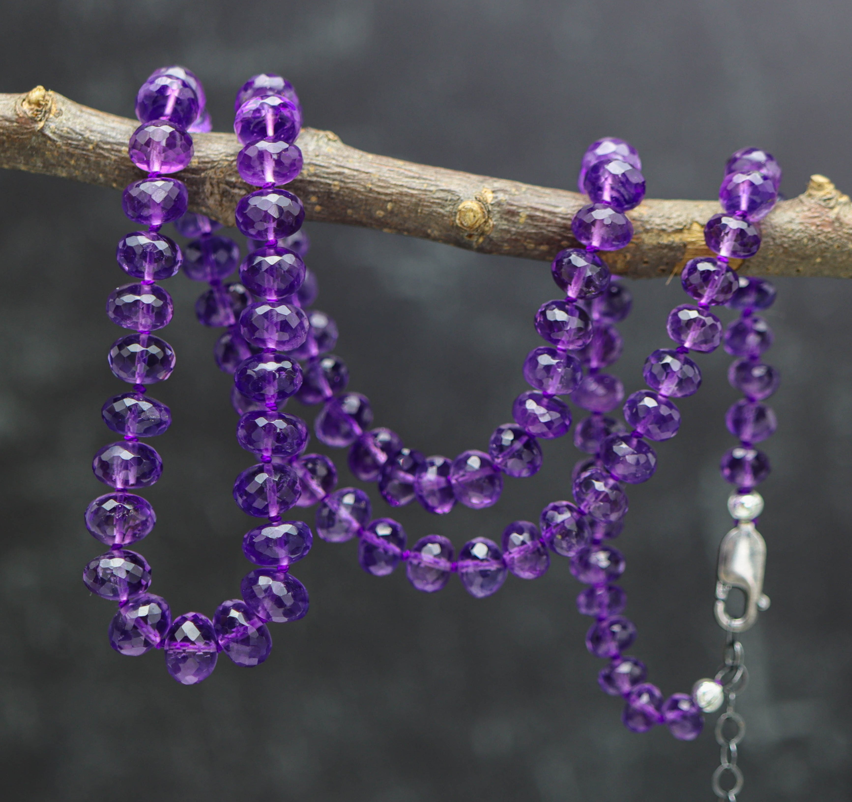Amethyst Hand Knotted Bead Necklace Sterling Silver
