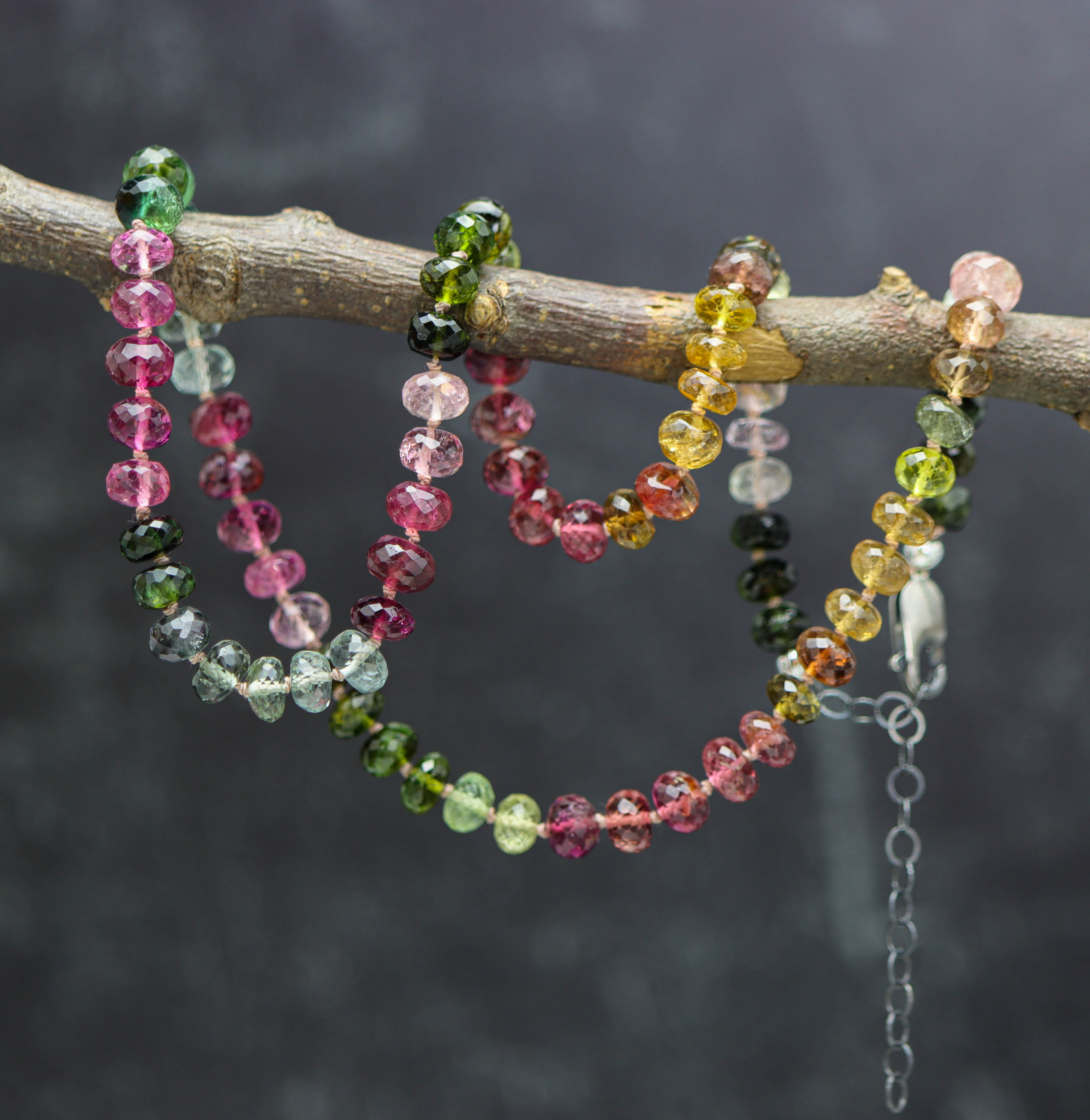 Stunning Multi Colored Tourmaline Hand Knotted Bead Necklace Sterling Silver #1