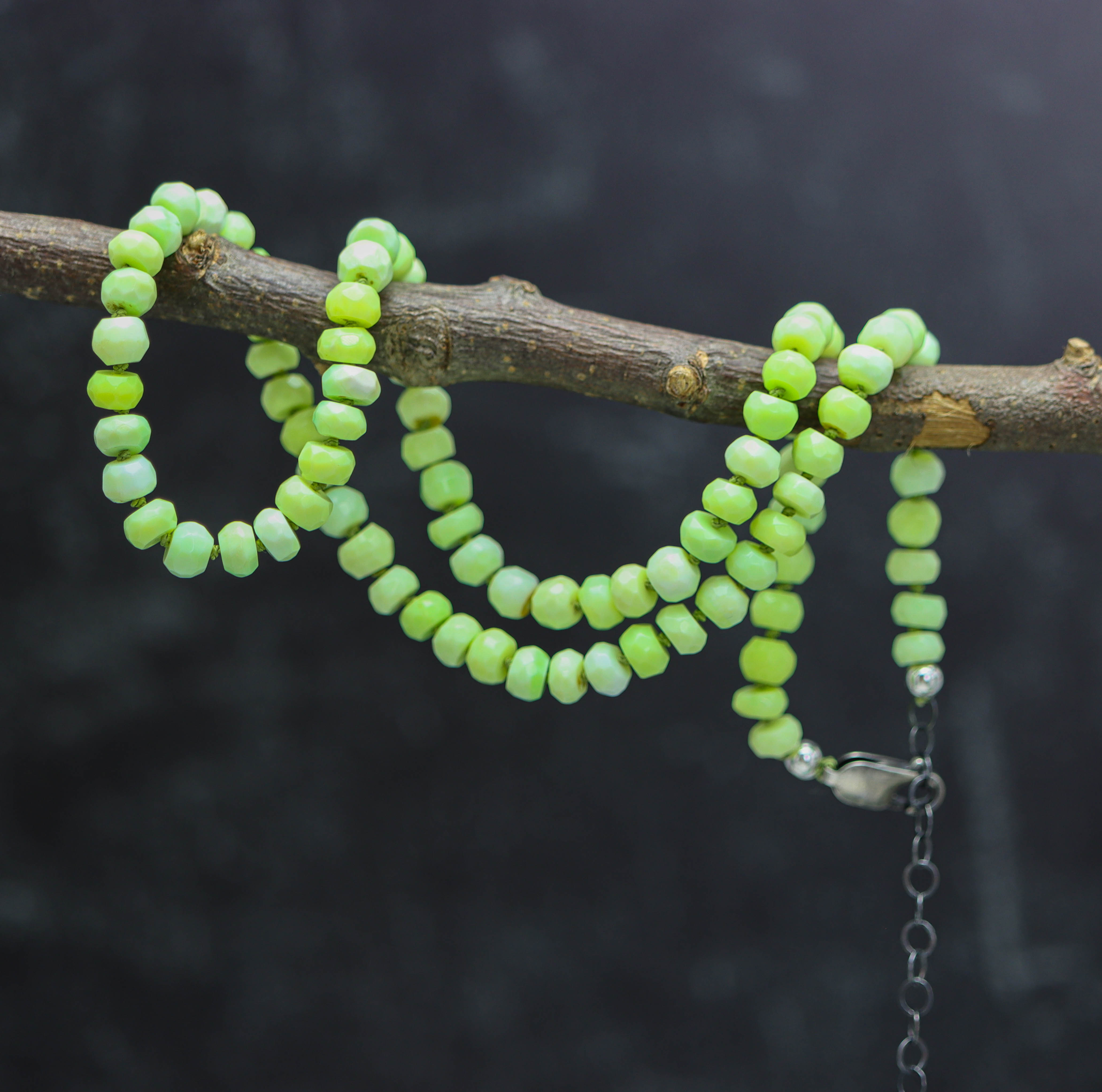 Lime Green Opal Hand Knotted Bead Necklace Sterling Silver