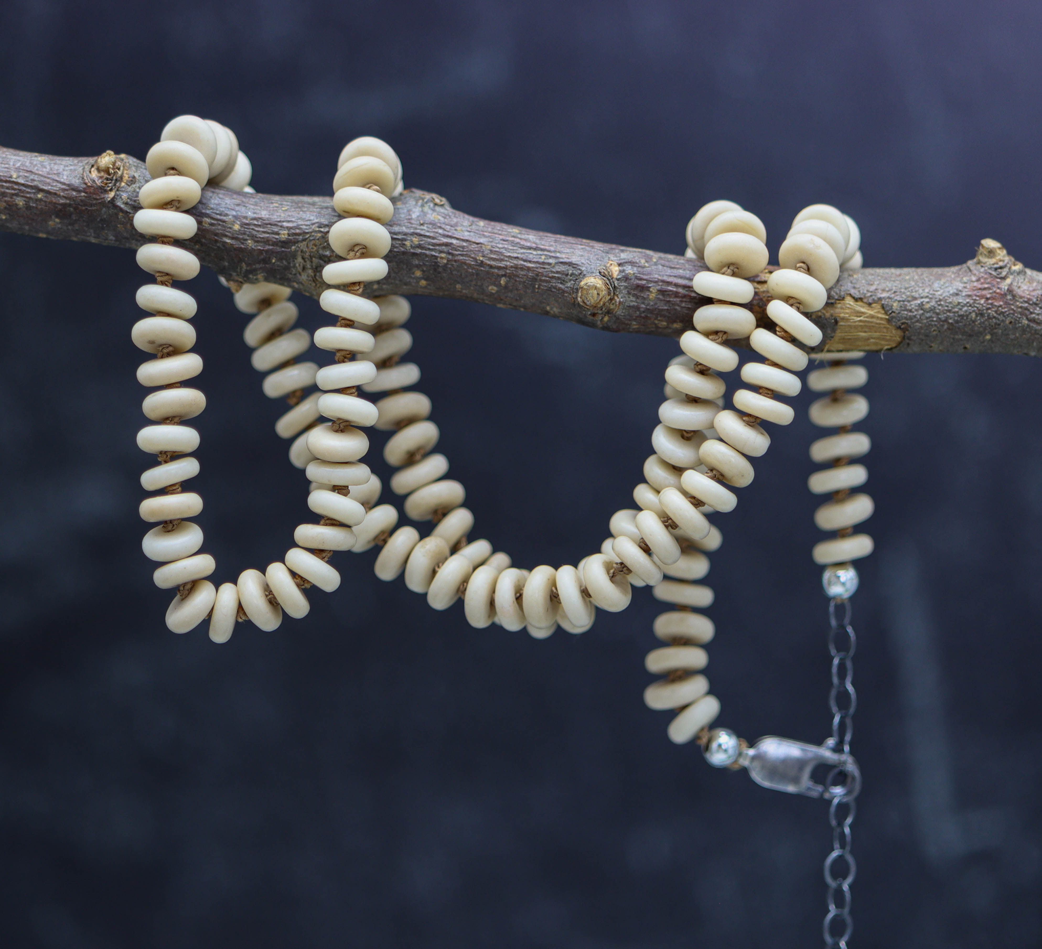 Fossil Jasper Hand Knotted Bead Necklace Sterling Silver