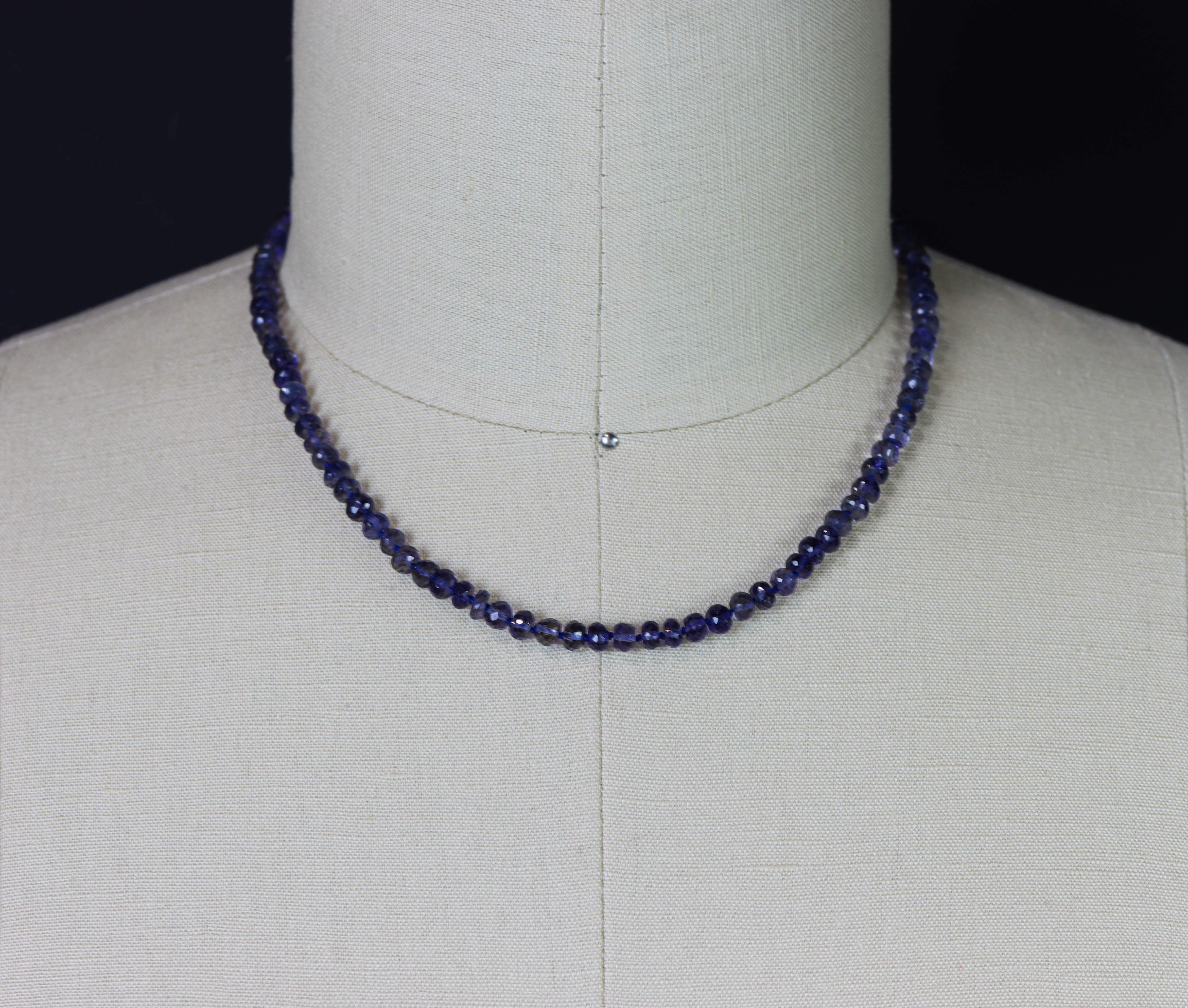 Blue Violet Iolite Hand Knotted Bead Necklace Sterling Silver 18 inch