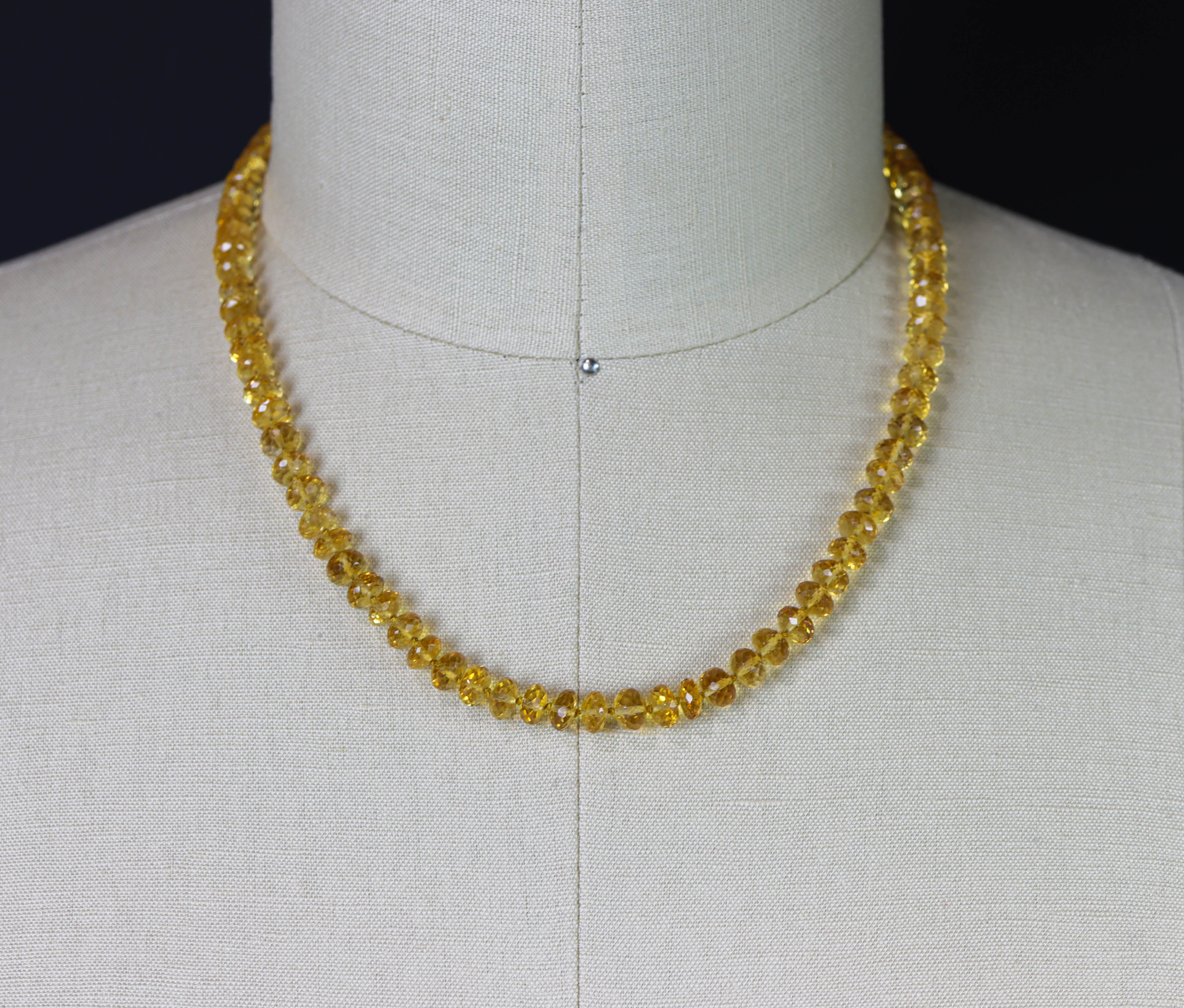 Yellow Citrine Hand Knotted Bead Necklace Sterling Silver