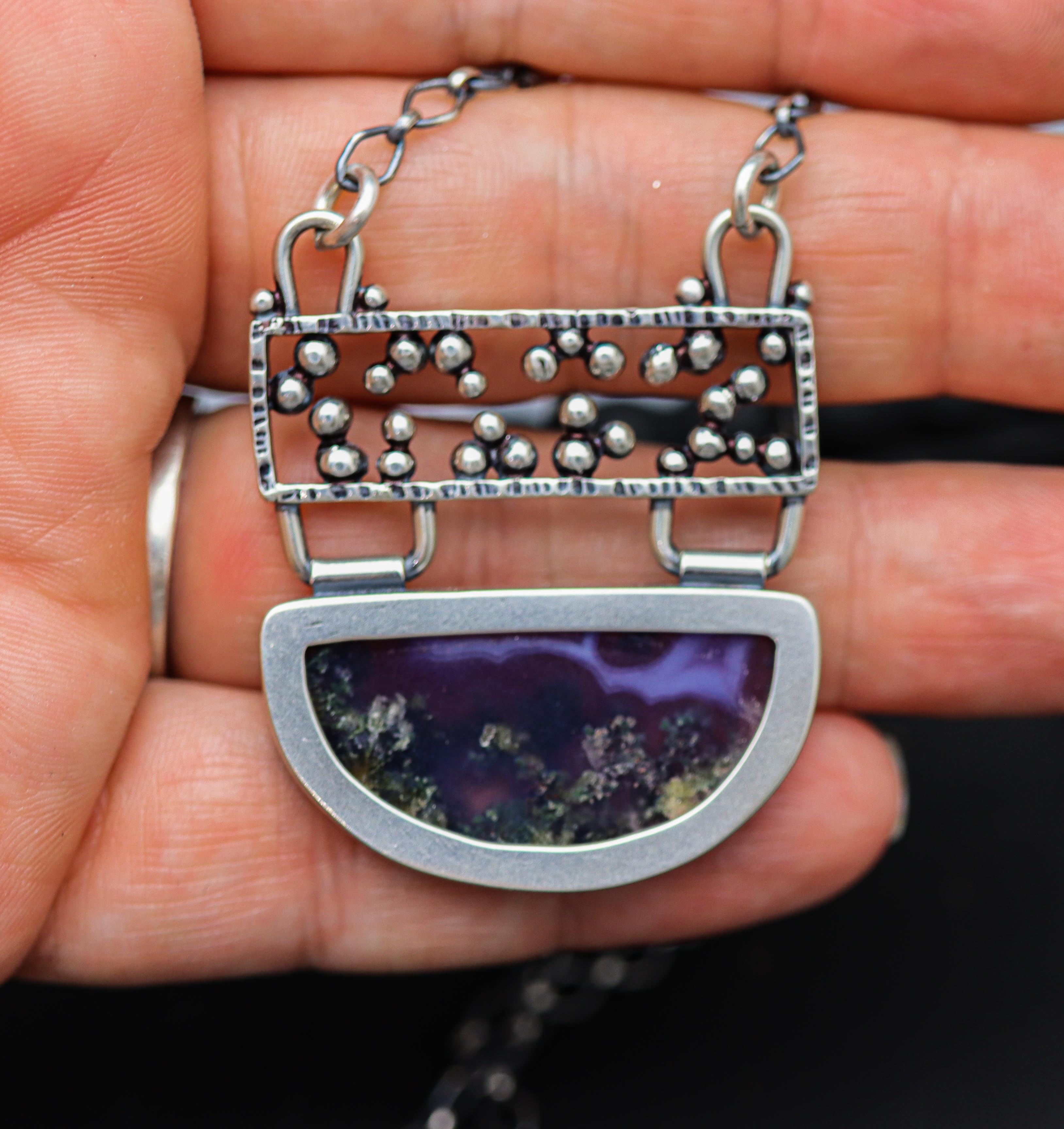 Purple Moss Agate Pendant Sterling Silver One Of a Kind Gemstone Necklace