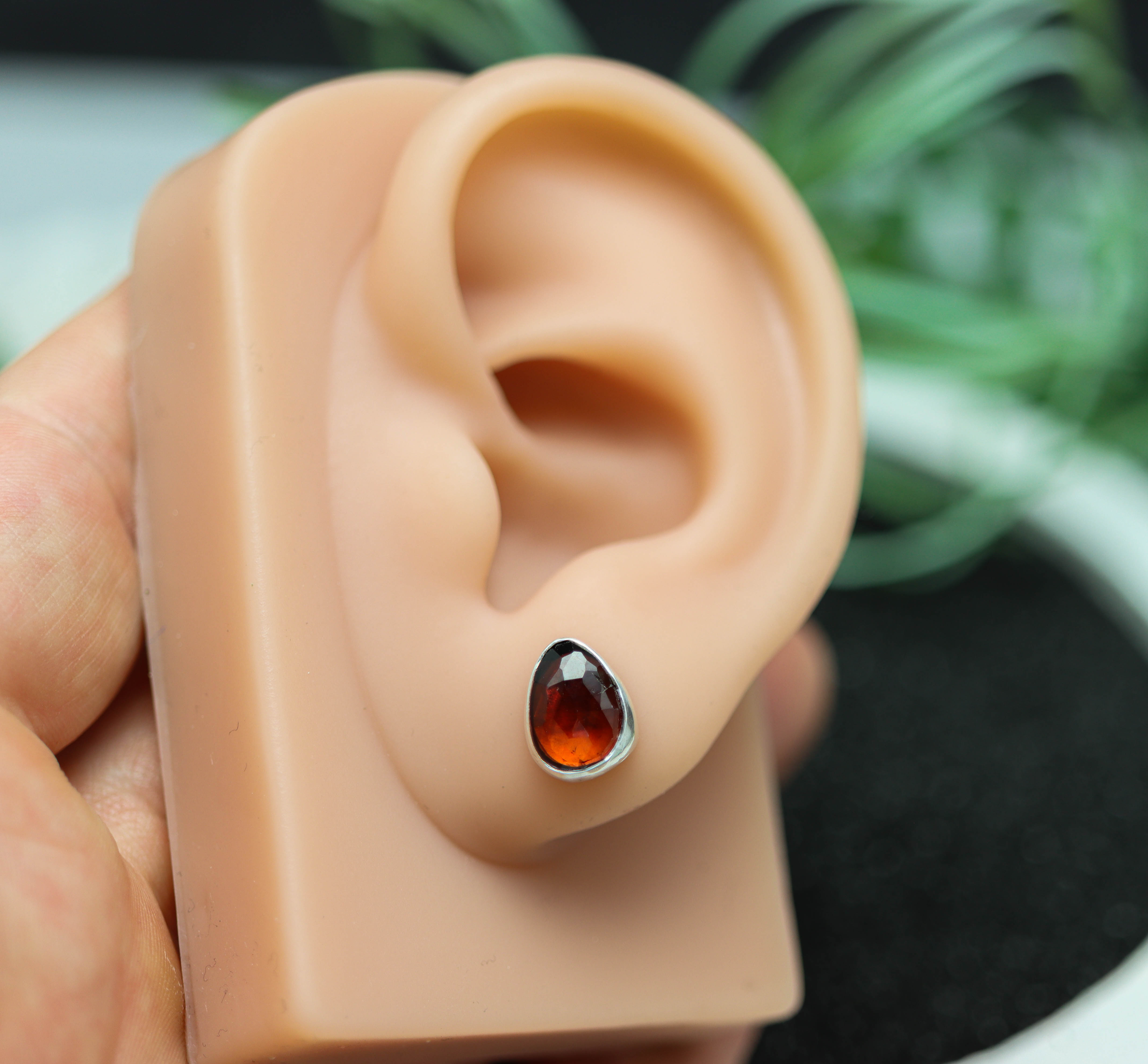 Red Garnet Stud Earrings Sterling Silver