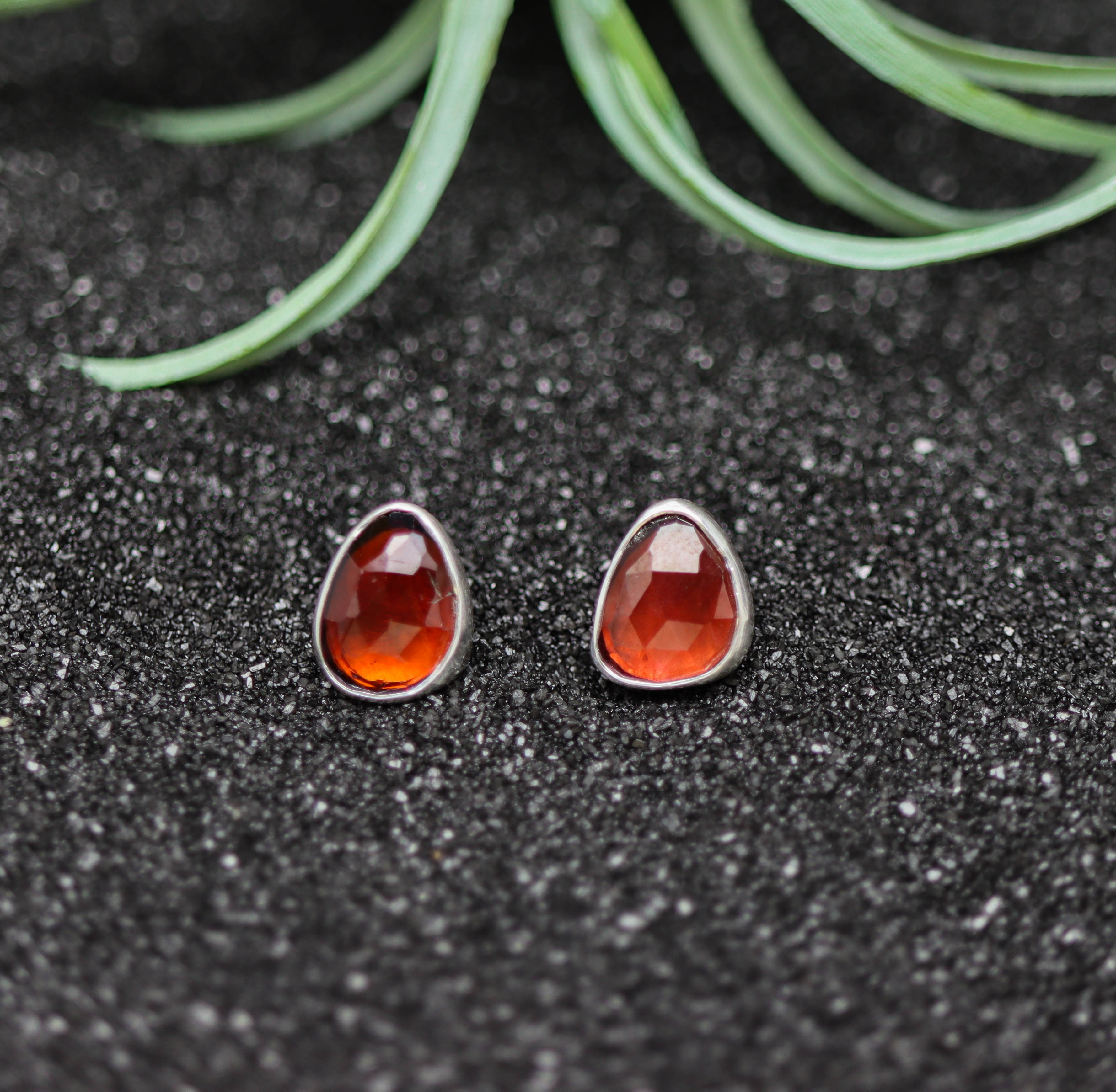 Red Garnet Stud Earrings Sterling Silver