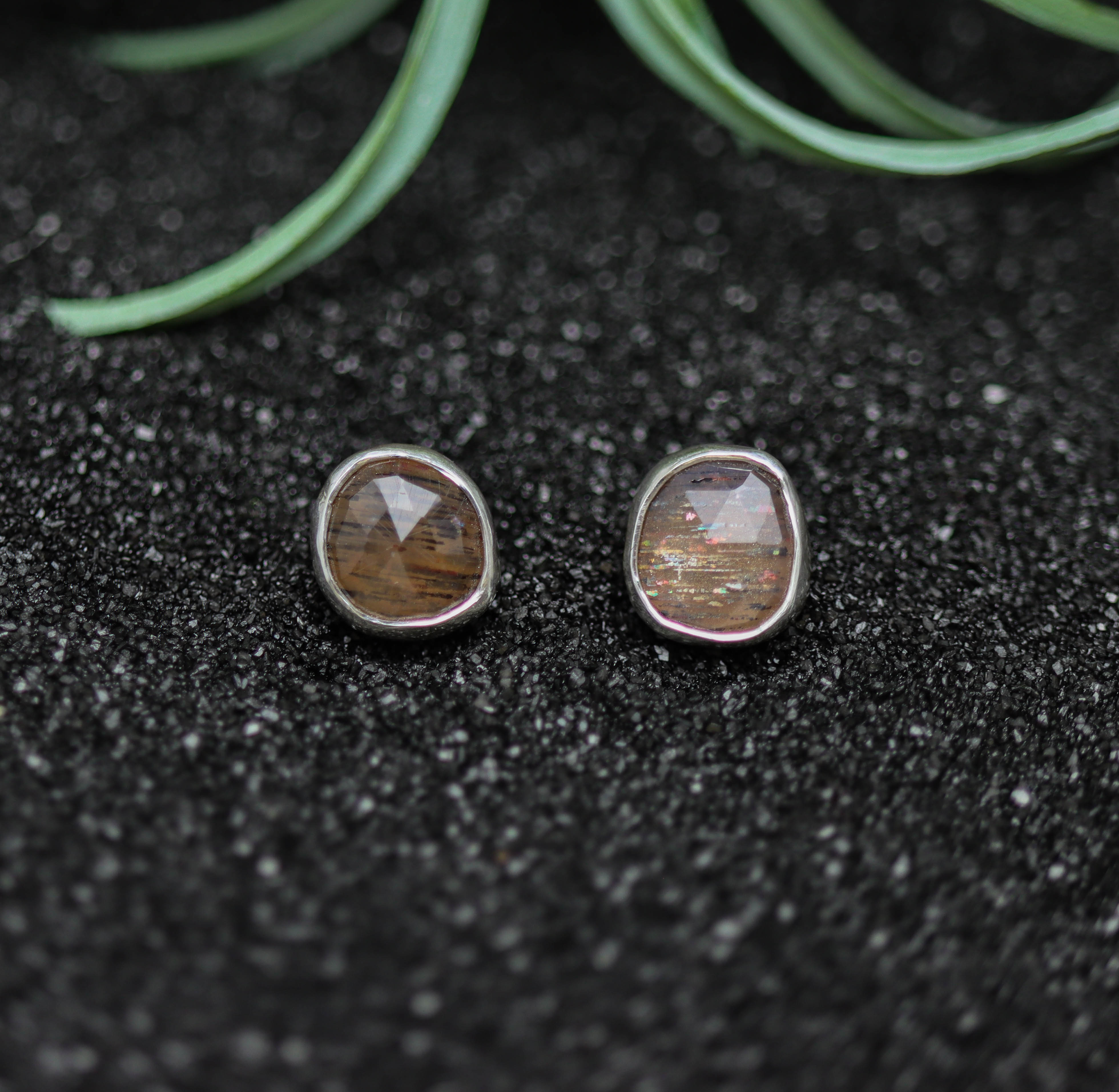 African Fire Sunstone Stud Earrings Sterling Silver