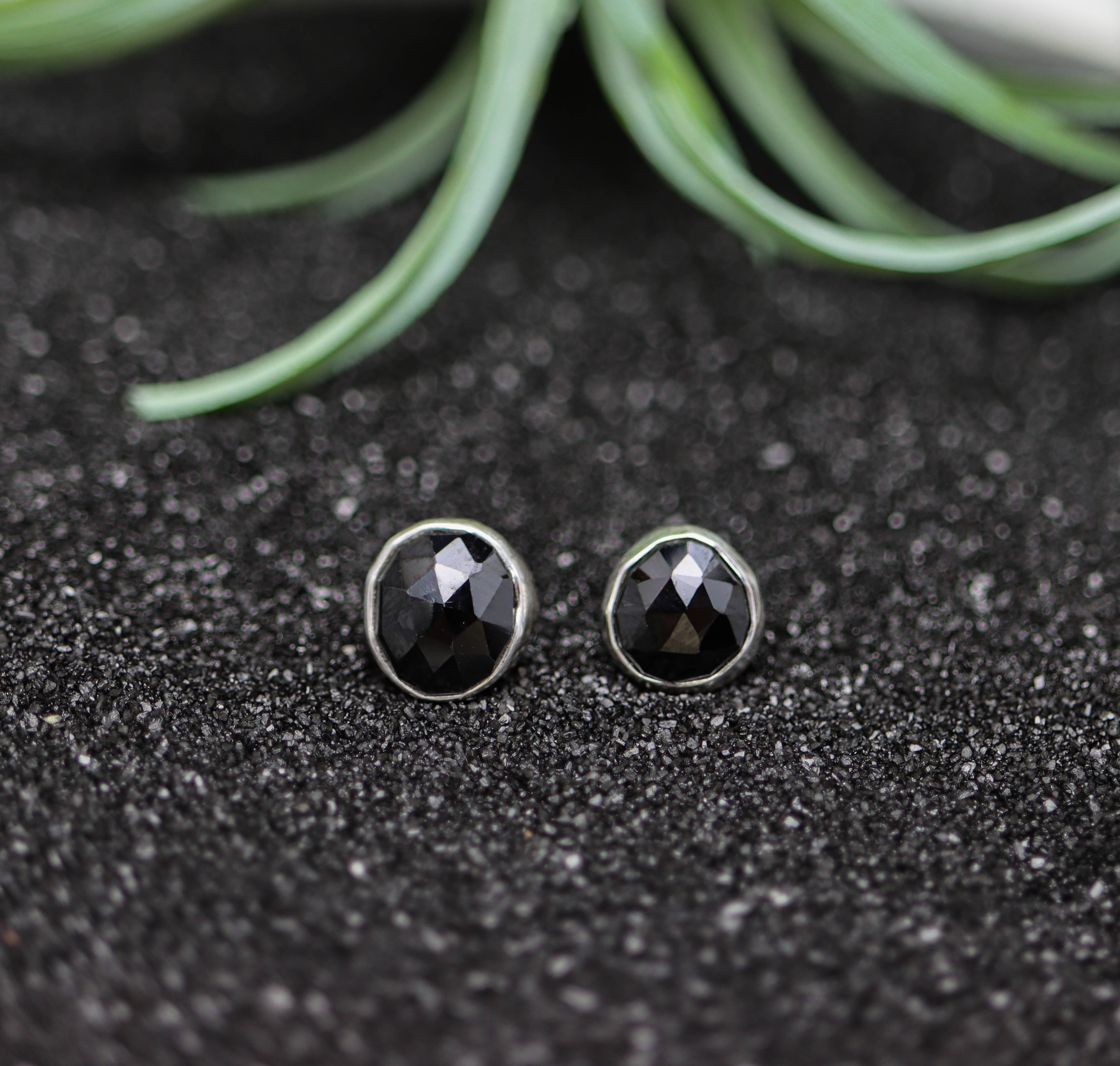 Black Spinel Stud Earrings Sterling Silver