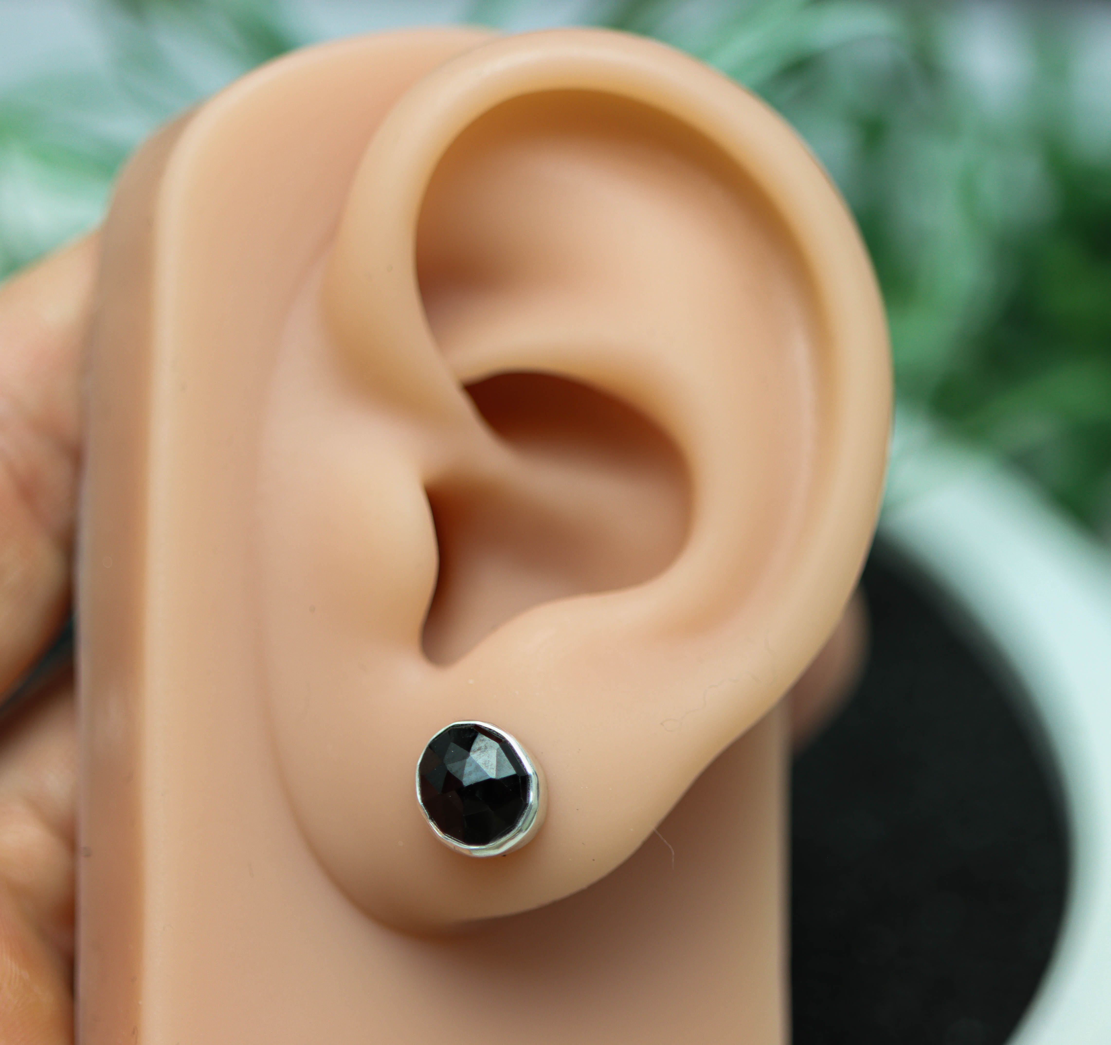 Black Spinel Stud Earrings Sterling Silver