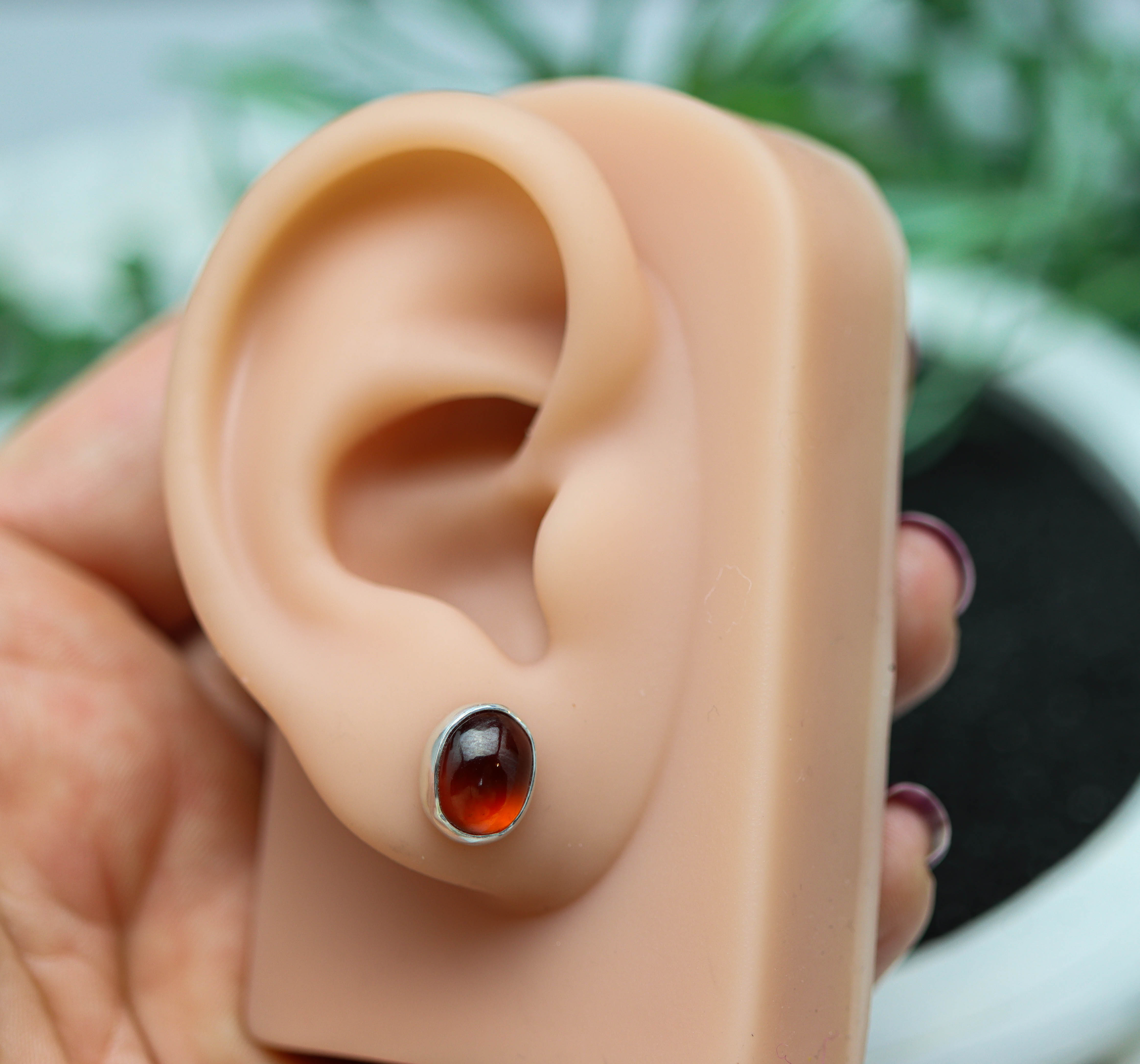 Hessonite Garnet Stud Earrings Sterling Silver