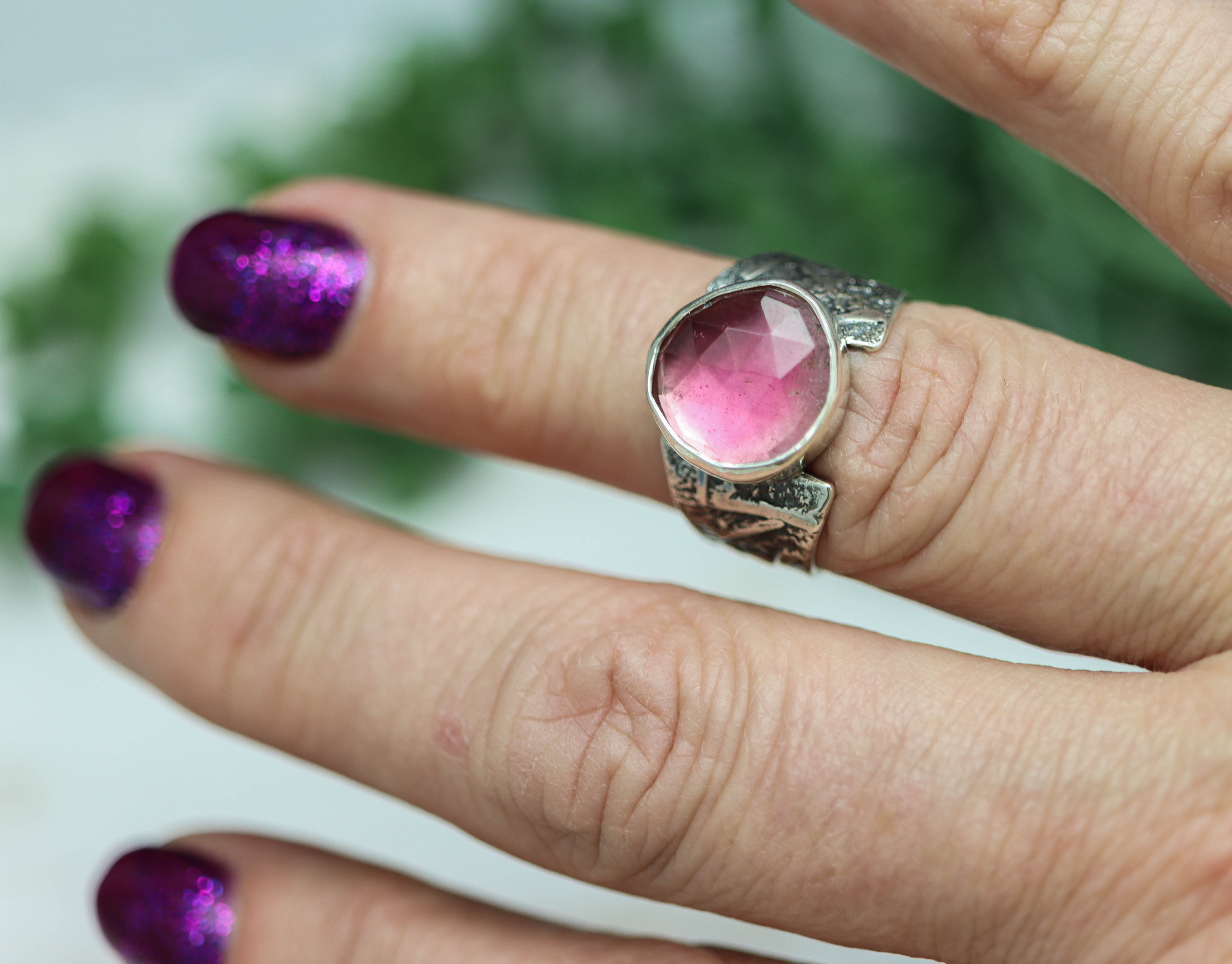 Pink Tourmaline Sterling Silver Wide Band Ring