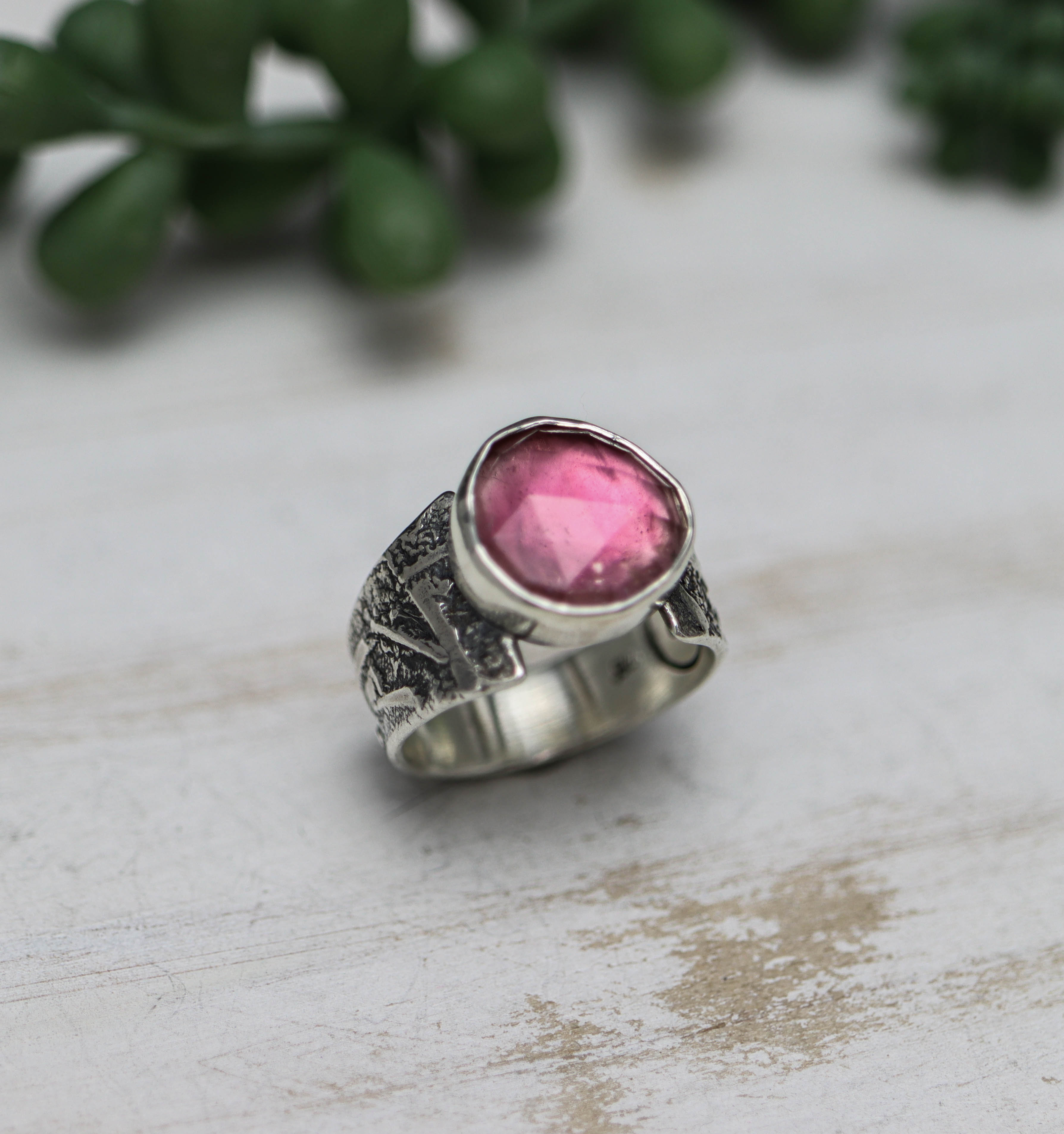 Pink Tourmaline Sterling Silver Wide Band Ring