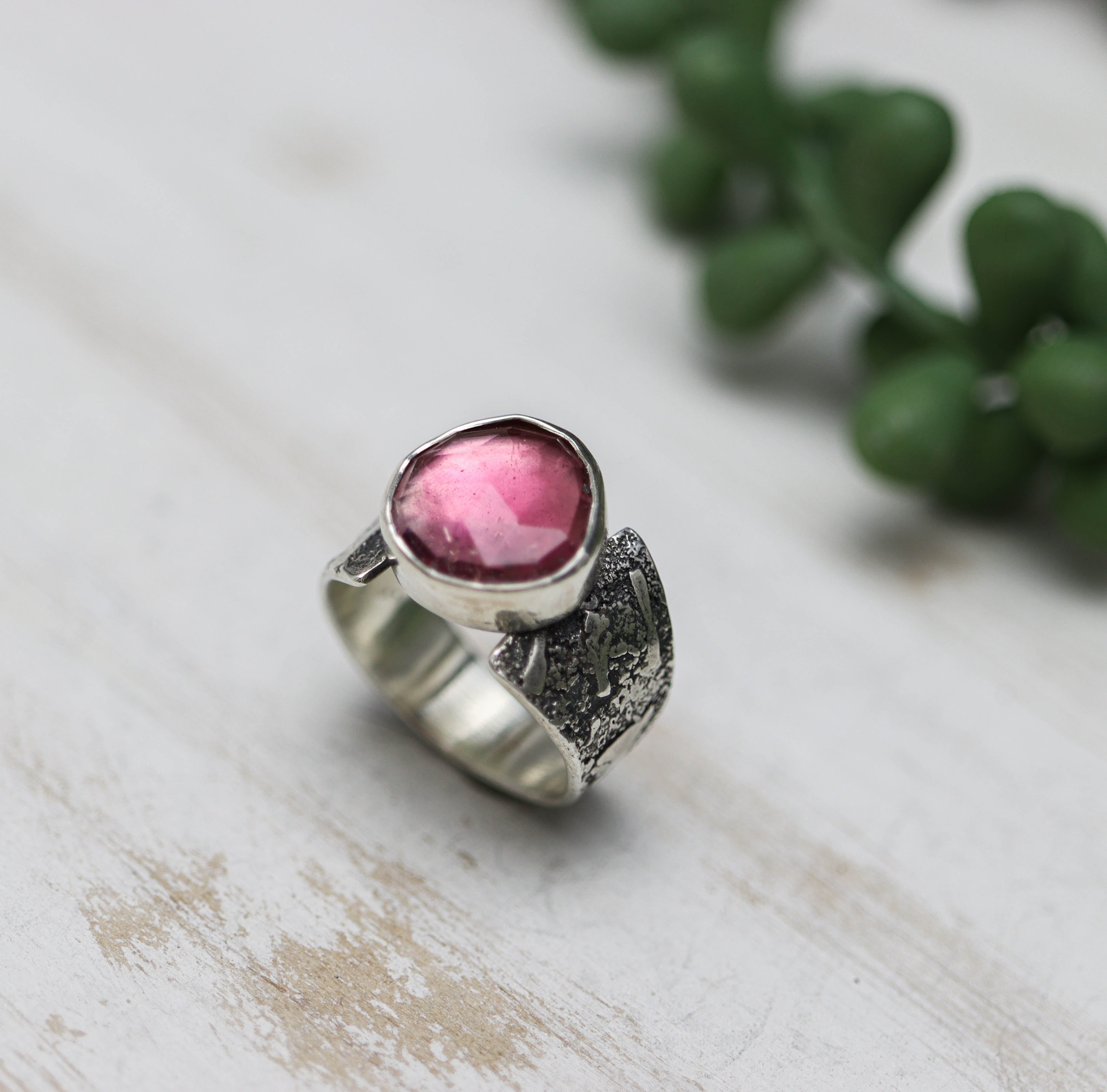 Pink Tourmaline Sterling Silver Wide Band Ring