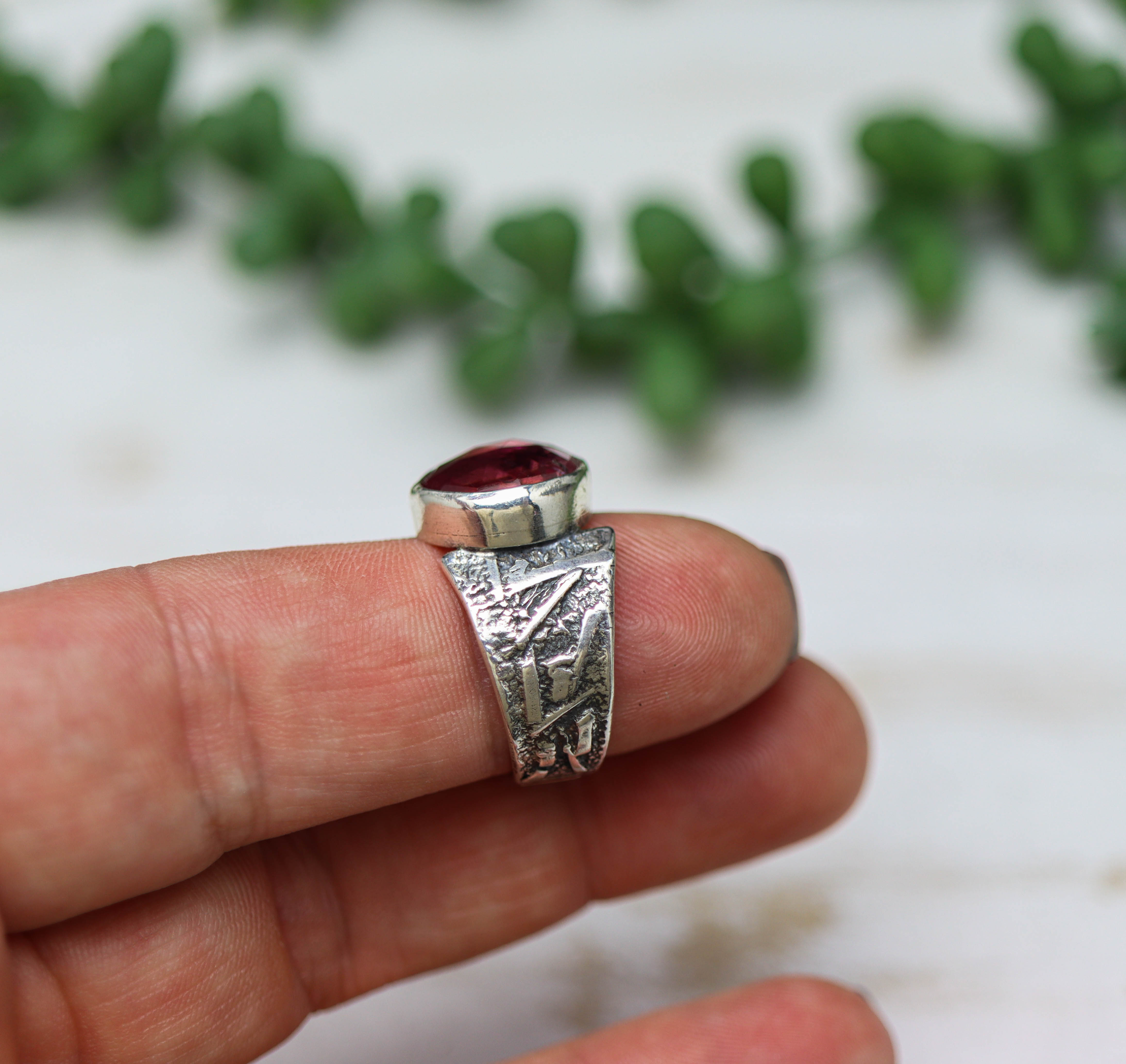 Pink Tourmaline Sterling Silver Wide Band Ring