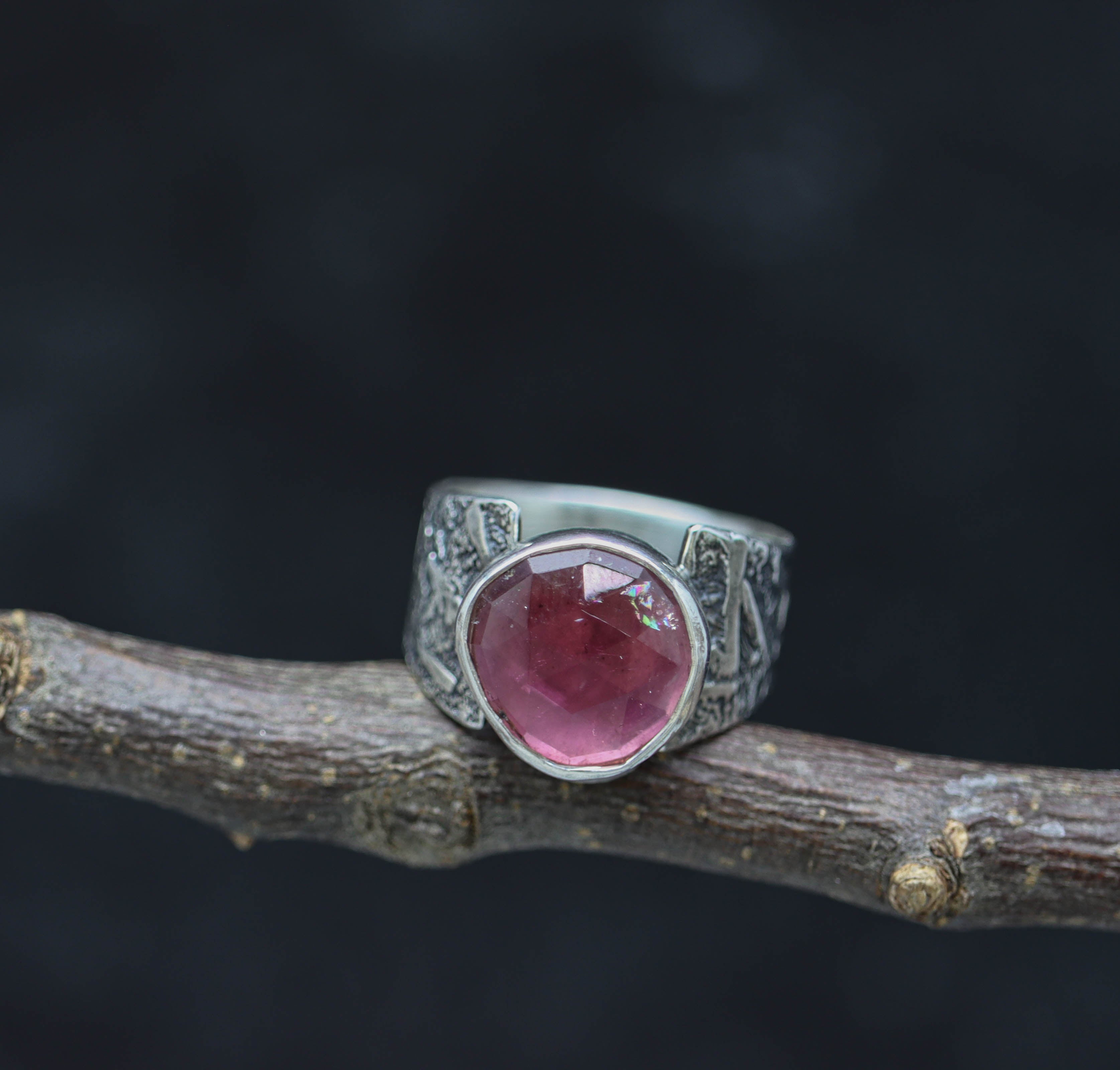 Pink Tourmaline Sterling Silver Wide Band Ring