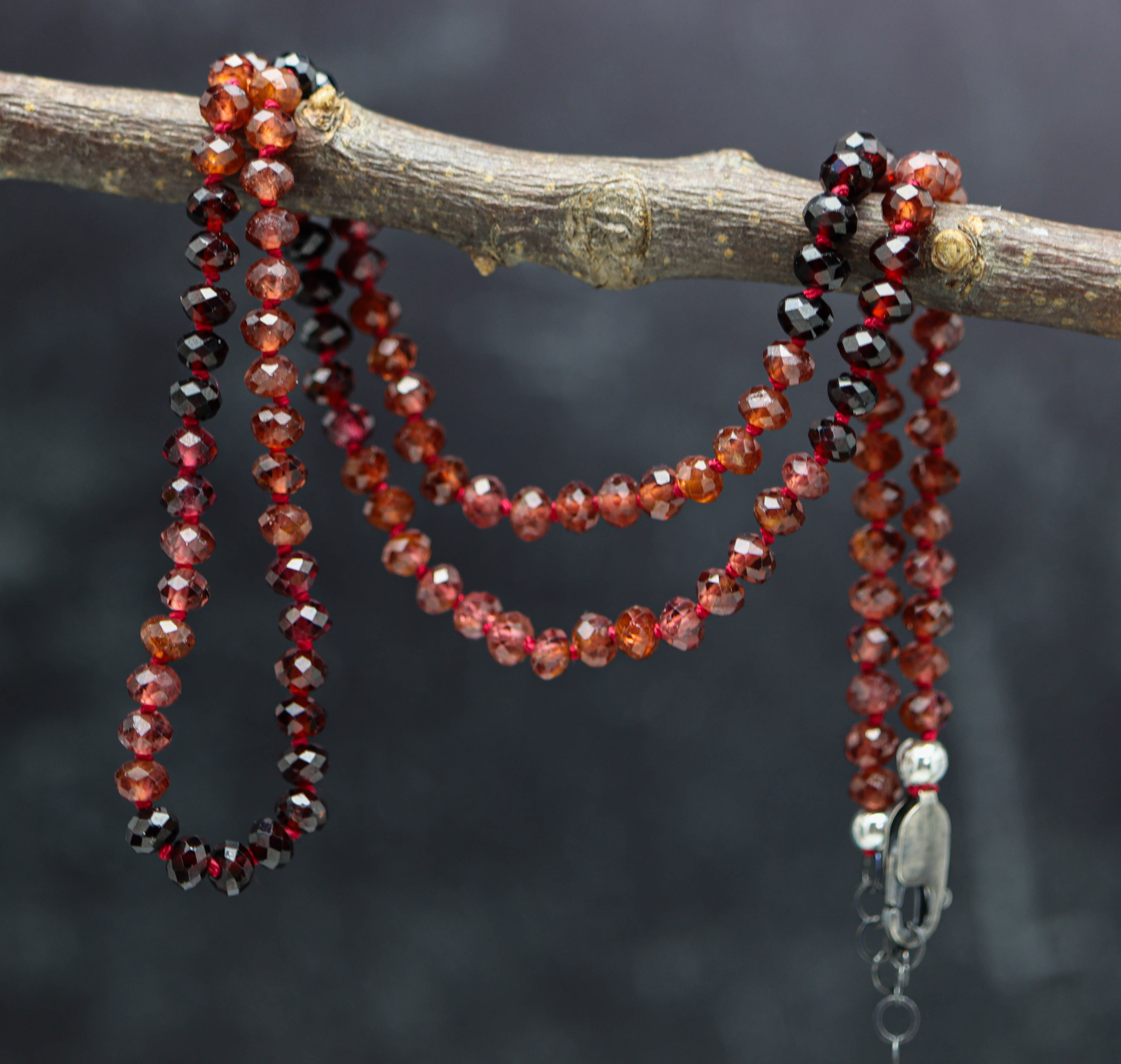 Multi-Tonal Garnet Hand-Knotted Strand Necklace in Sterling Silver