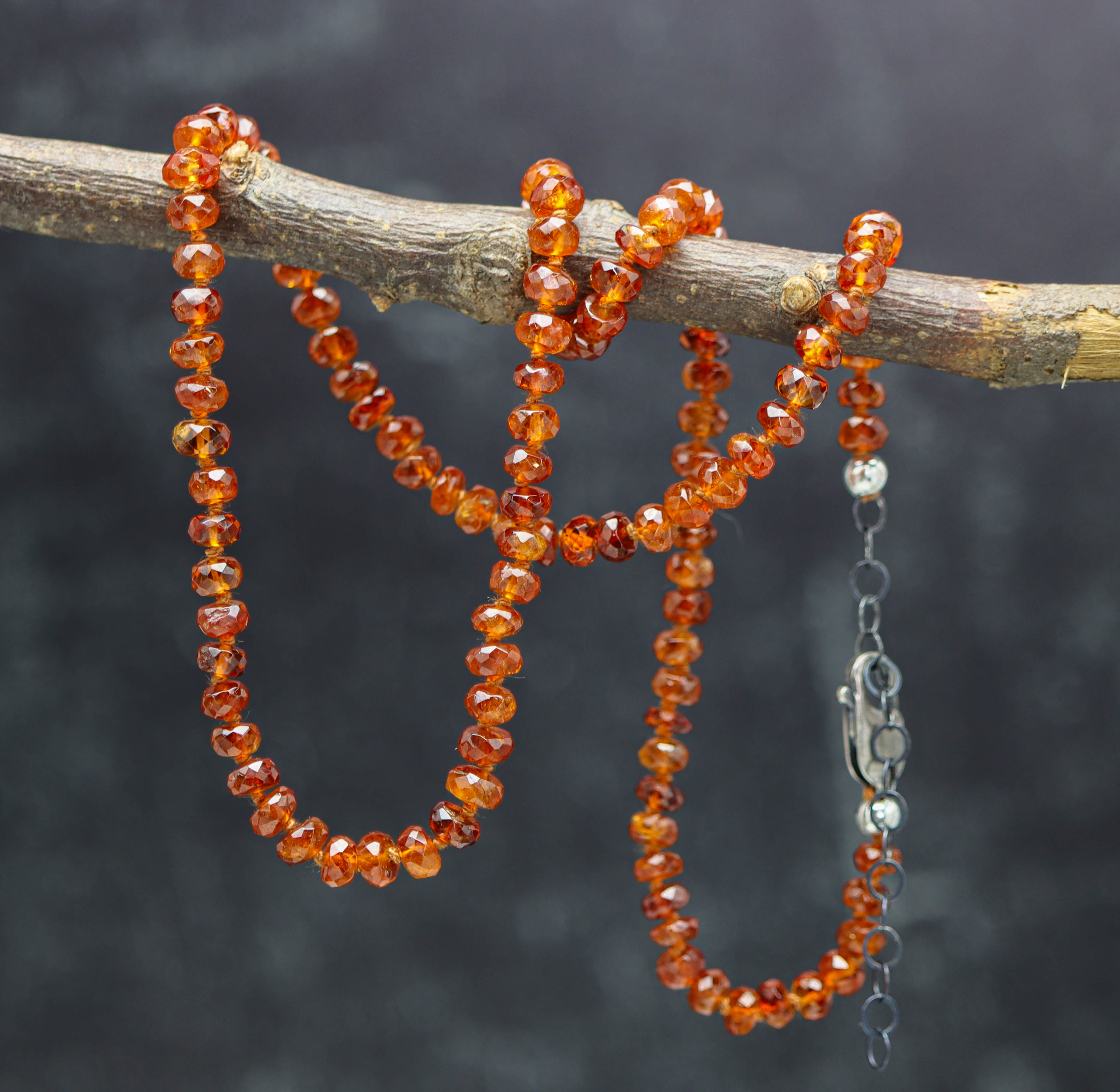 Spessartite Garnet Hand Knotted Bead Necklace Sterling Silver