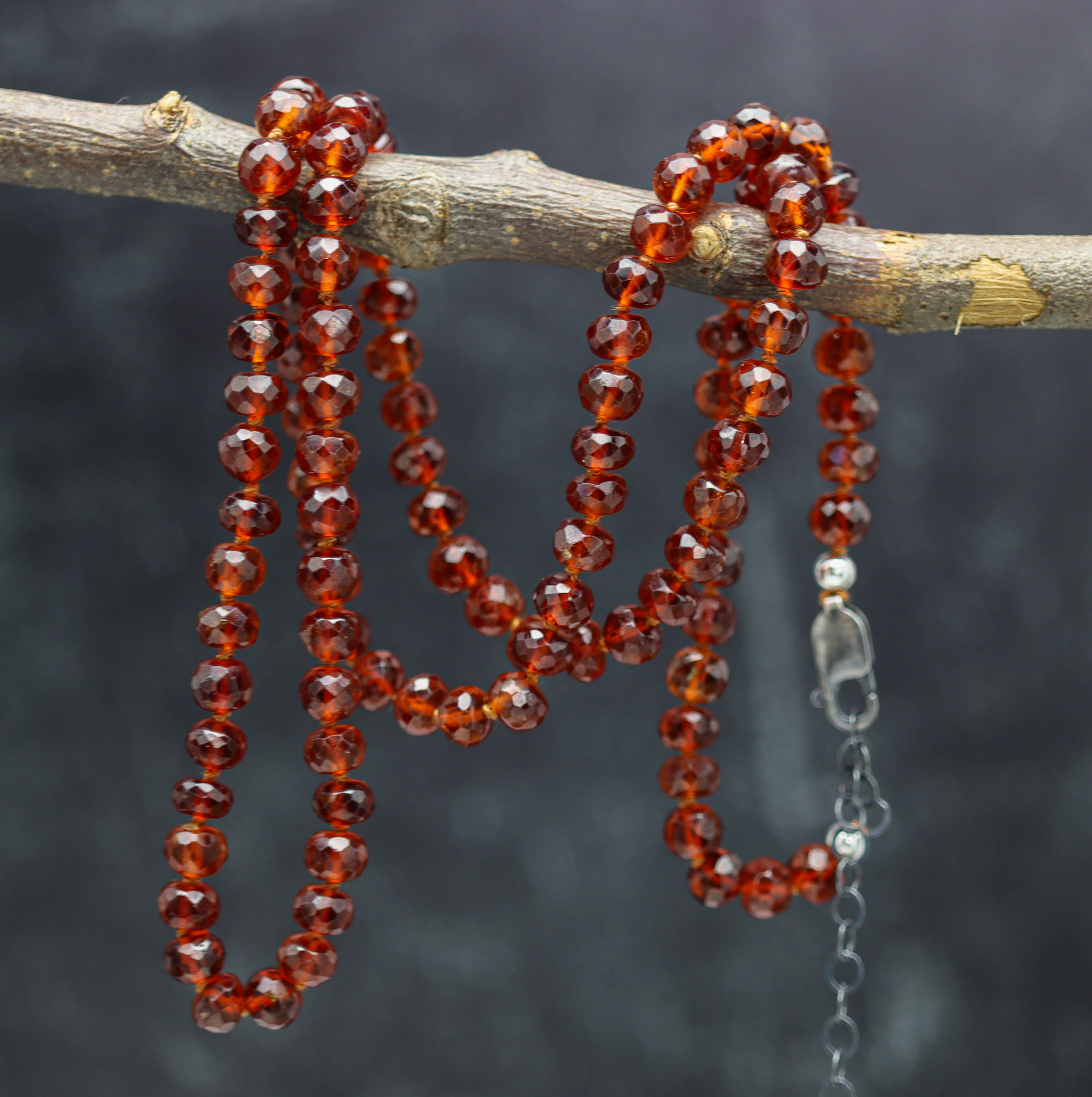 Hessonite Garnet Hand-Knotted Strand Necklace in Sterling Silver
