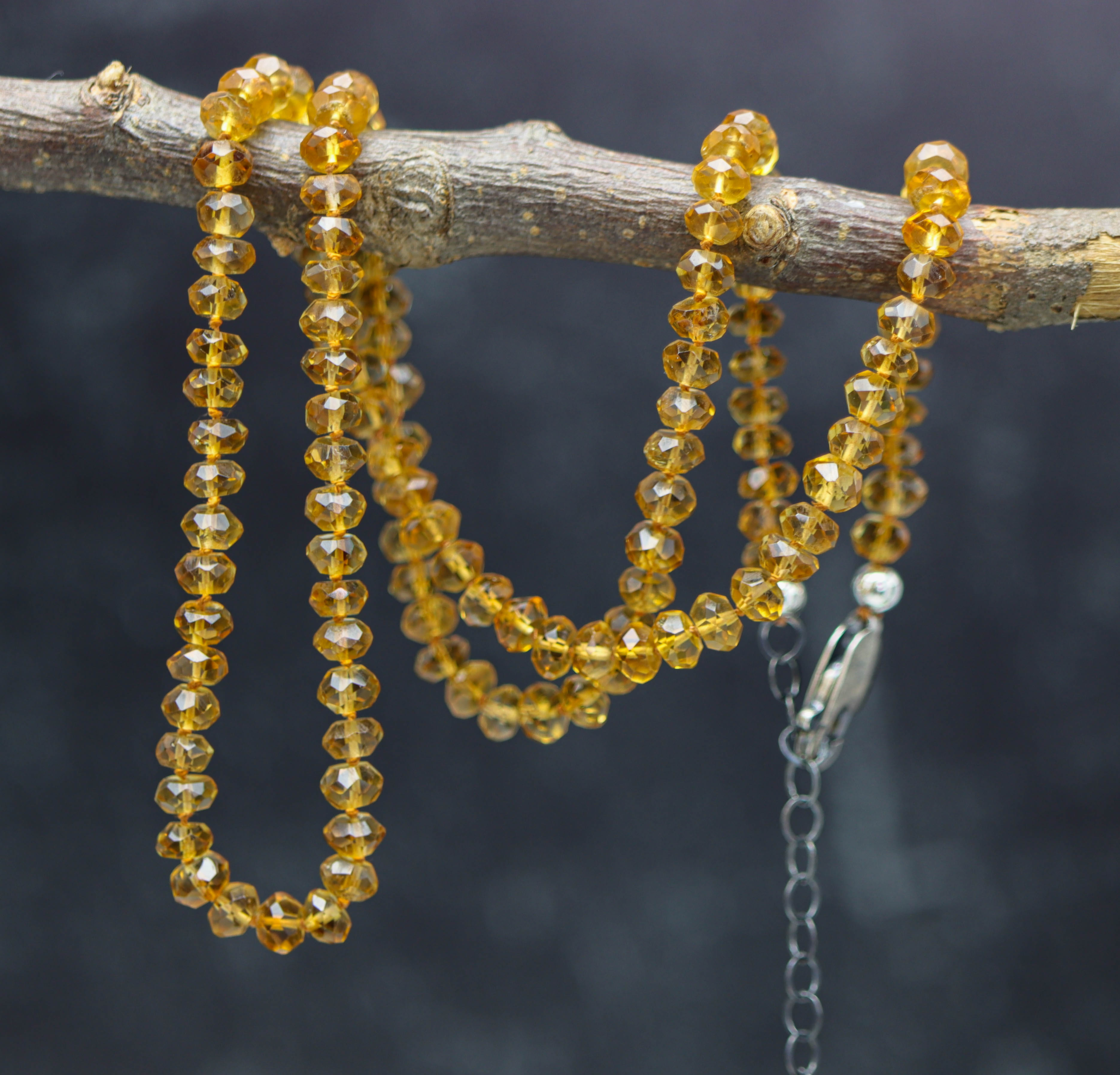 Mandarine Citrine Hand Knotted Bead Necklace Sterling Silver