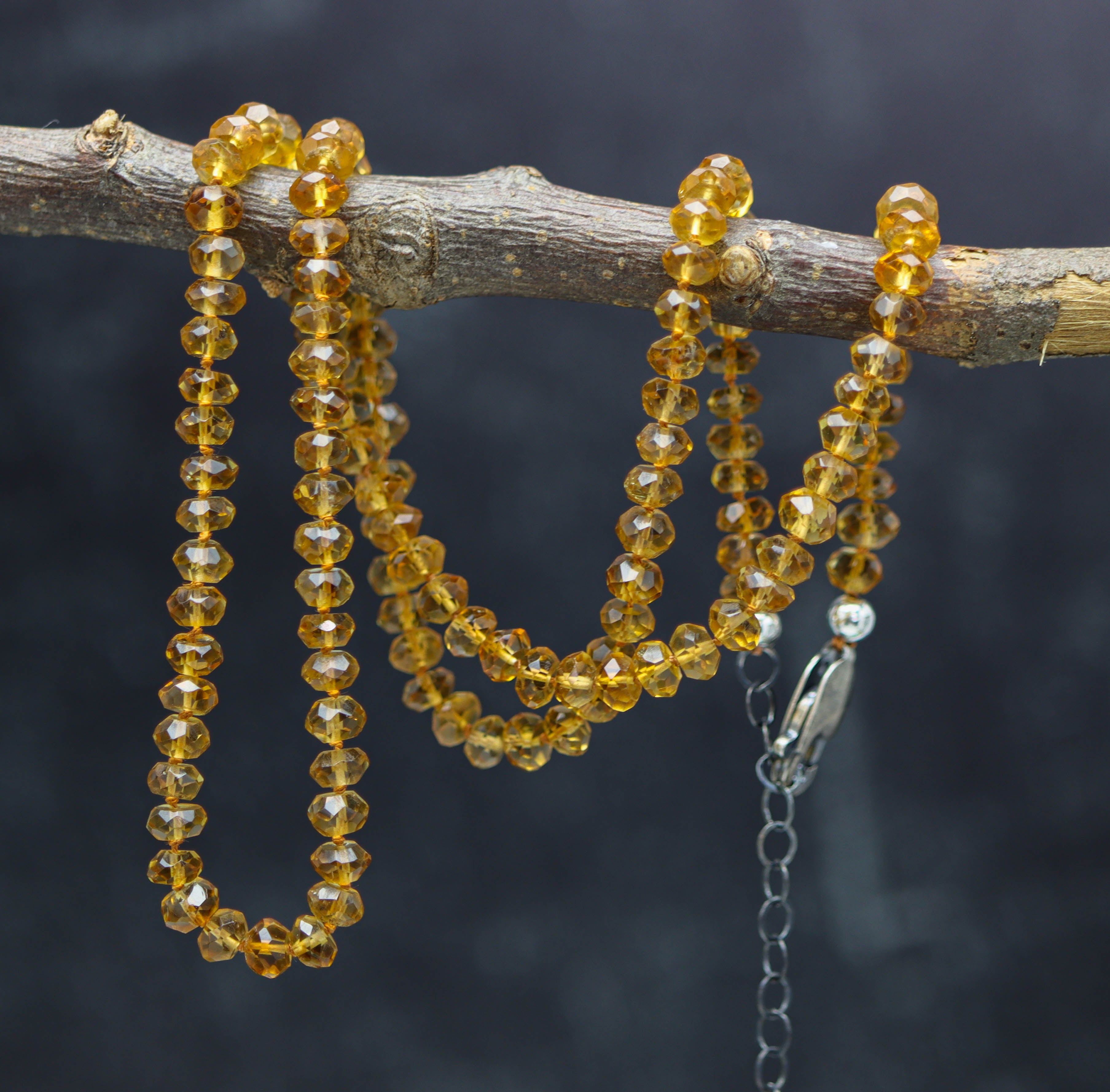 Mandarine Citrine Hand Knotted Bead Necklace Sterling Silver