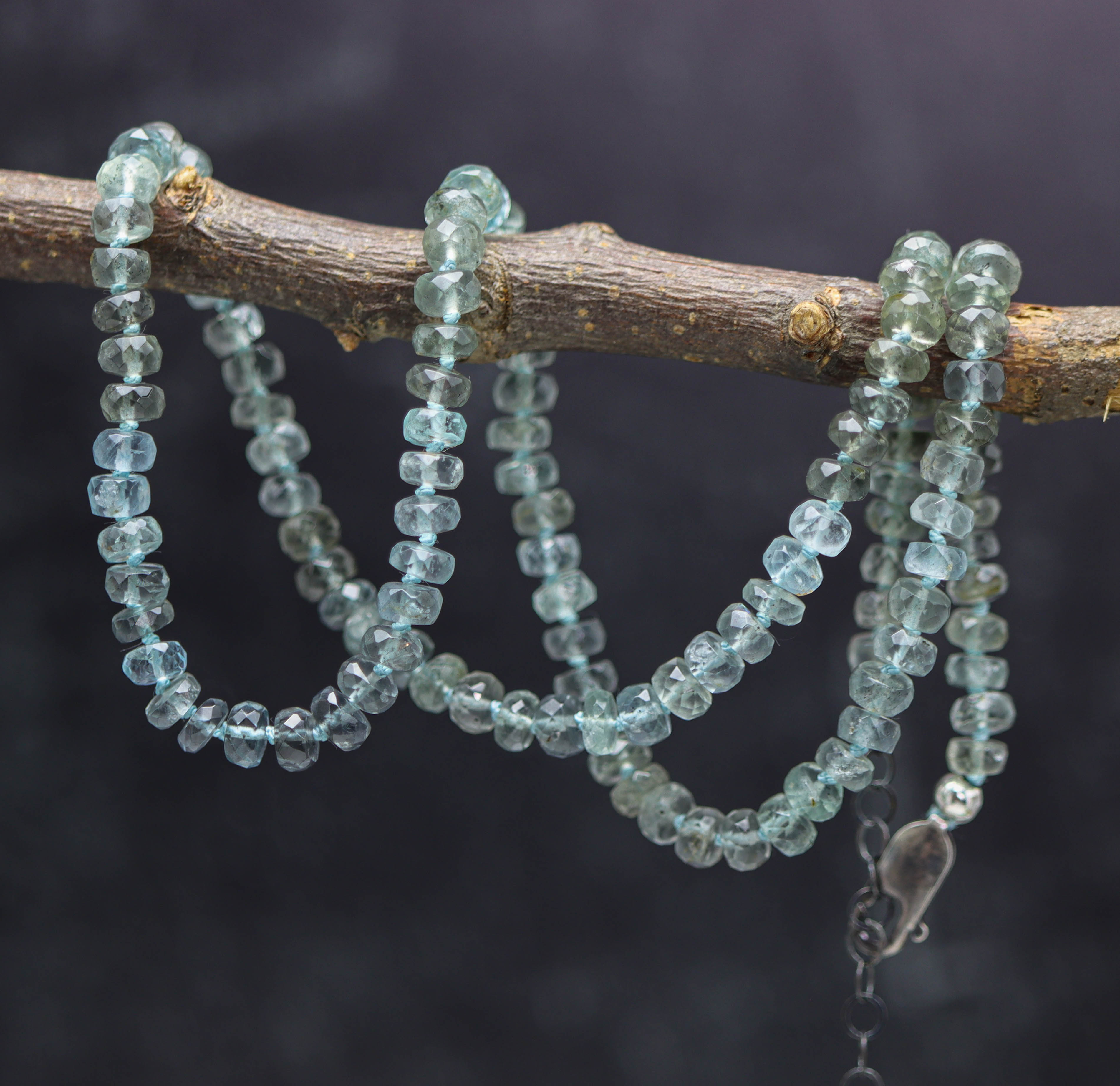 Aquamarine Hand Knotted Bead Necklace Sterling Silver 18.5 Inch