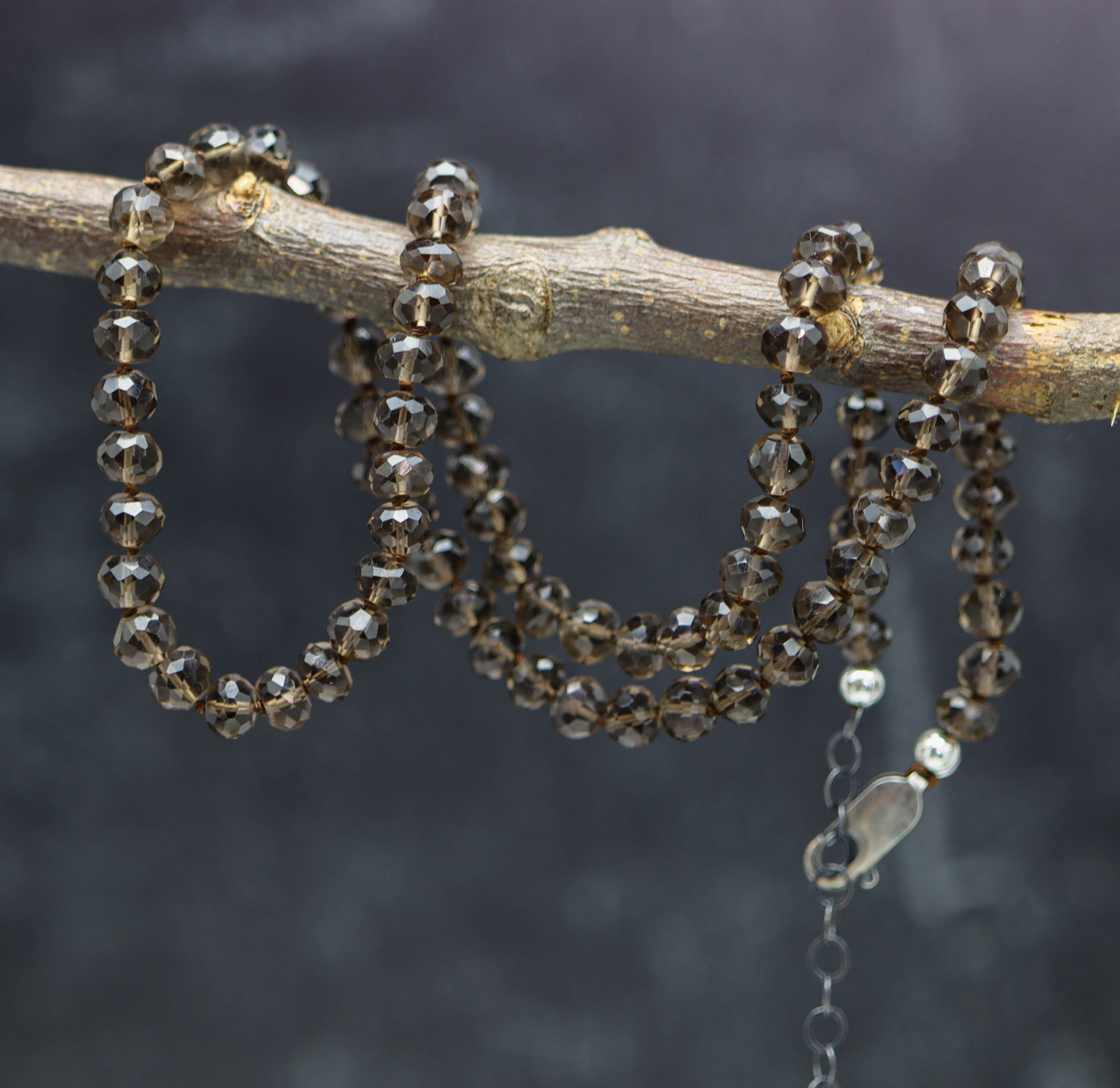 Smoky Quartz Hand Knotted Bead Necklace Sterling Silver