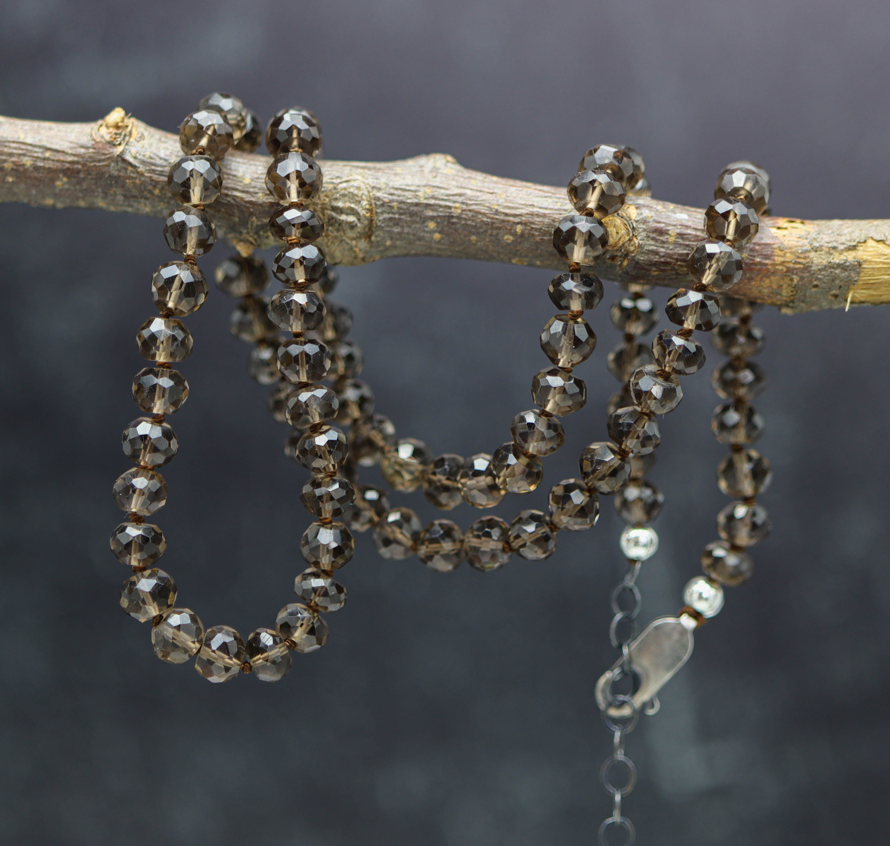 Smoky Quartz Hand Knotted Bead Necklace Sterling Silver