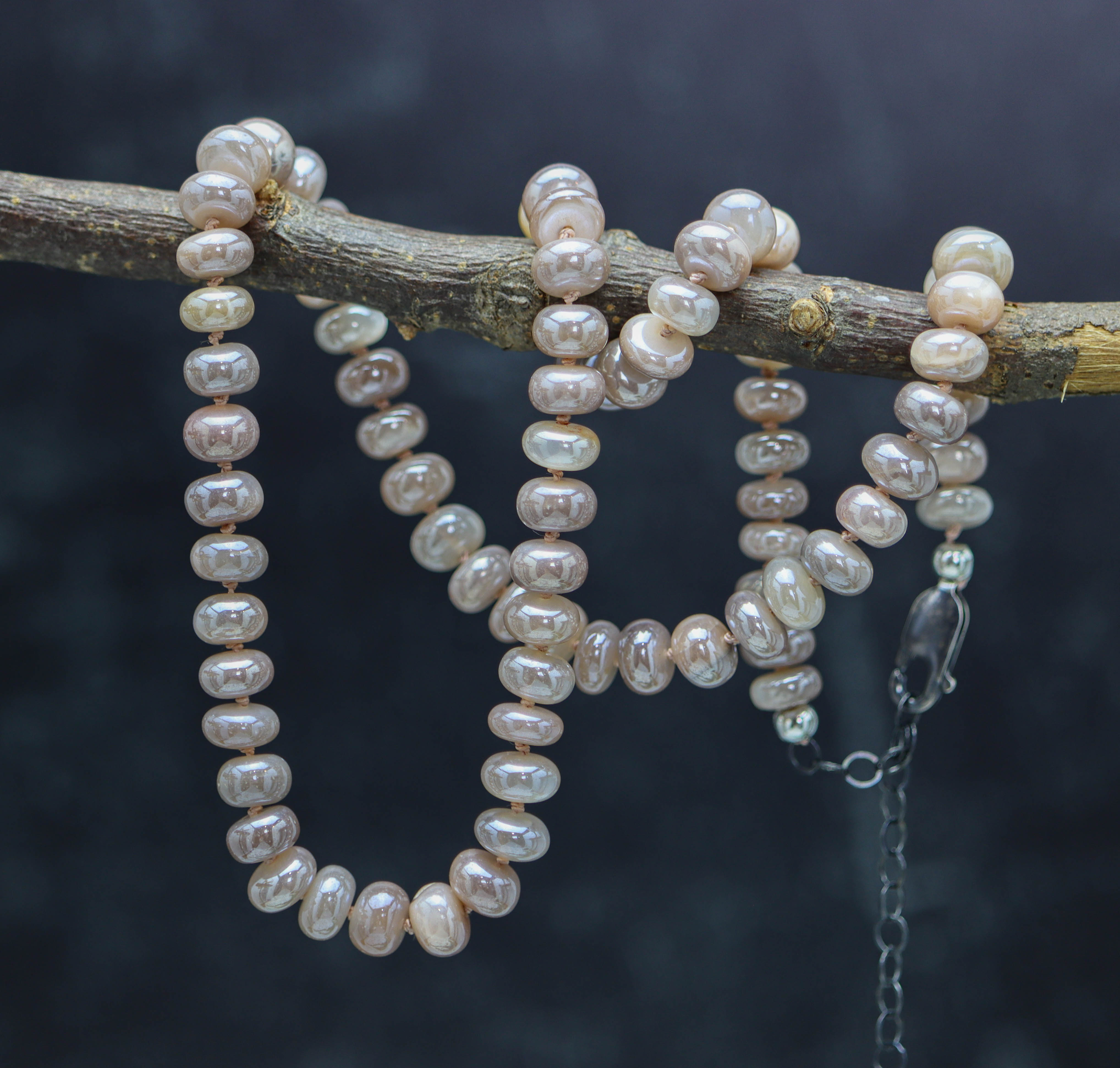 Peach Moonstone Hand Knotted Bead Necklace Sterling Silver