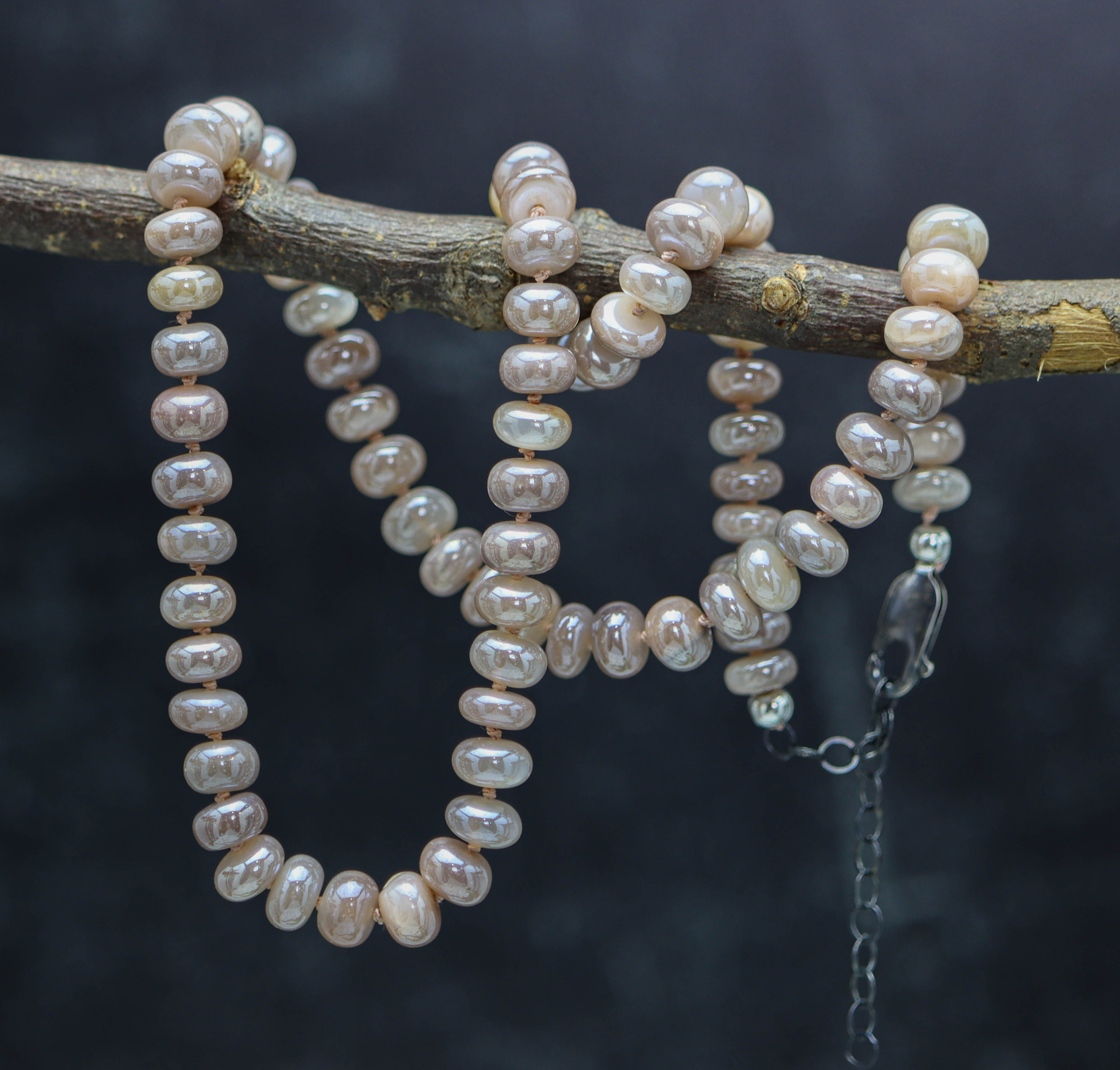 Peach Moonstone Hand Knotted Bead Necklace Sterling Silver