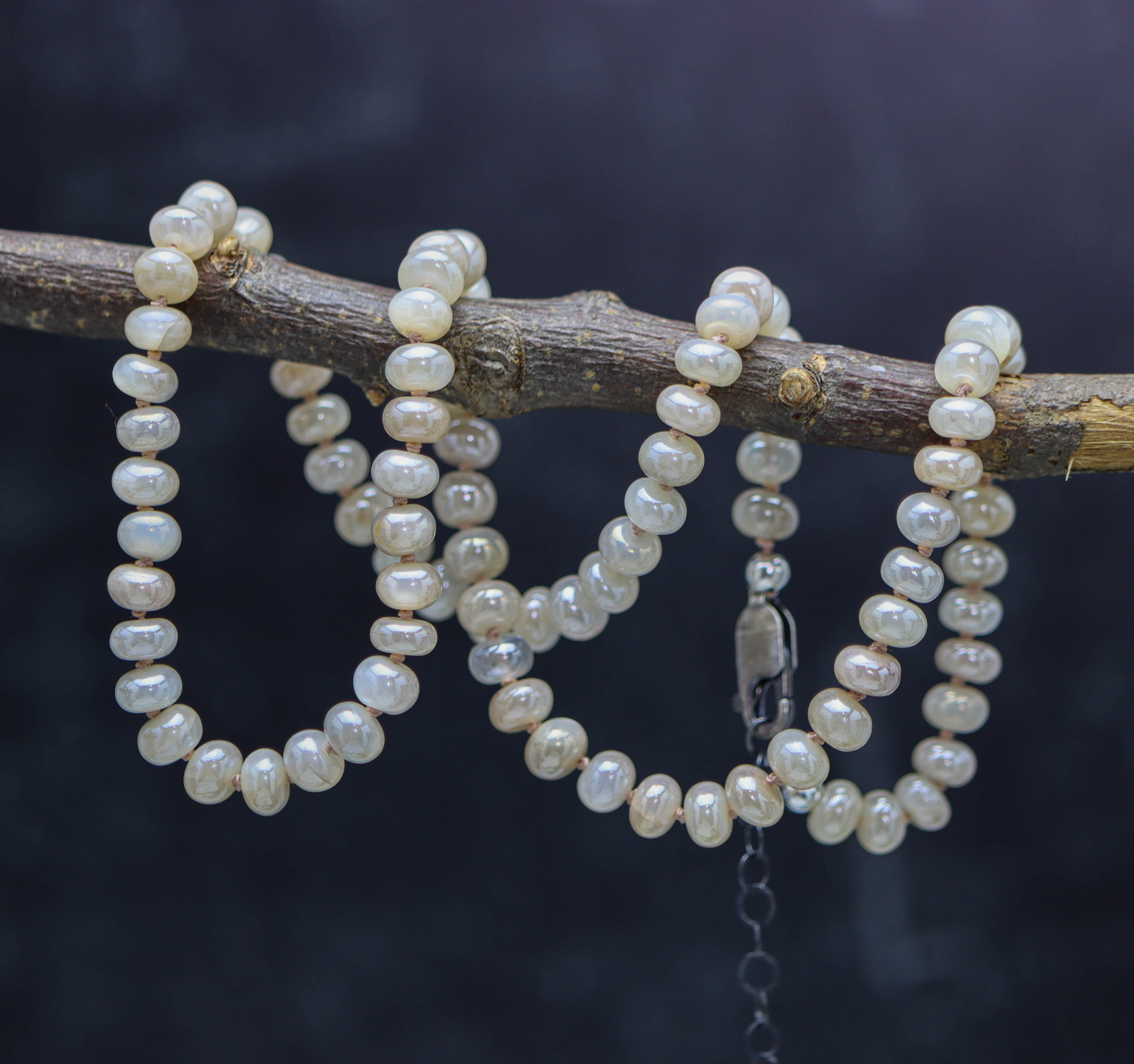 Soft Peach Moonstone Hand Knotted Bead Necklace Sterling Silver