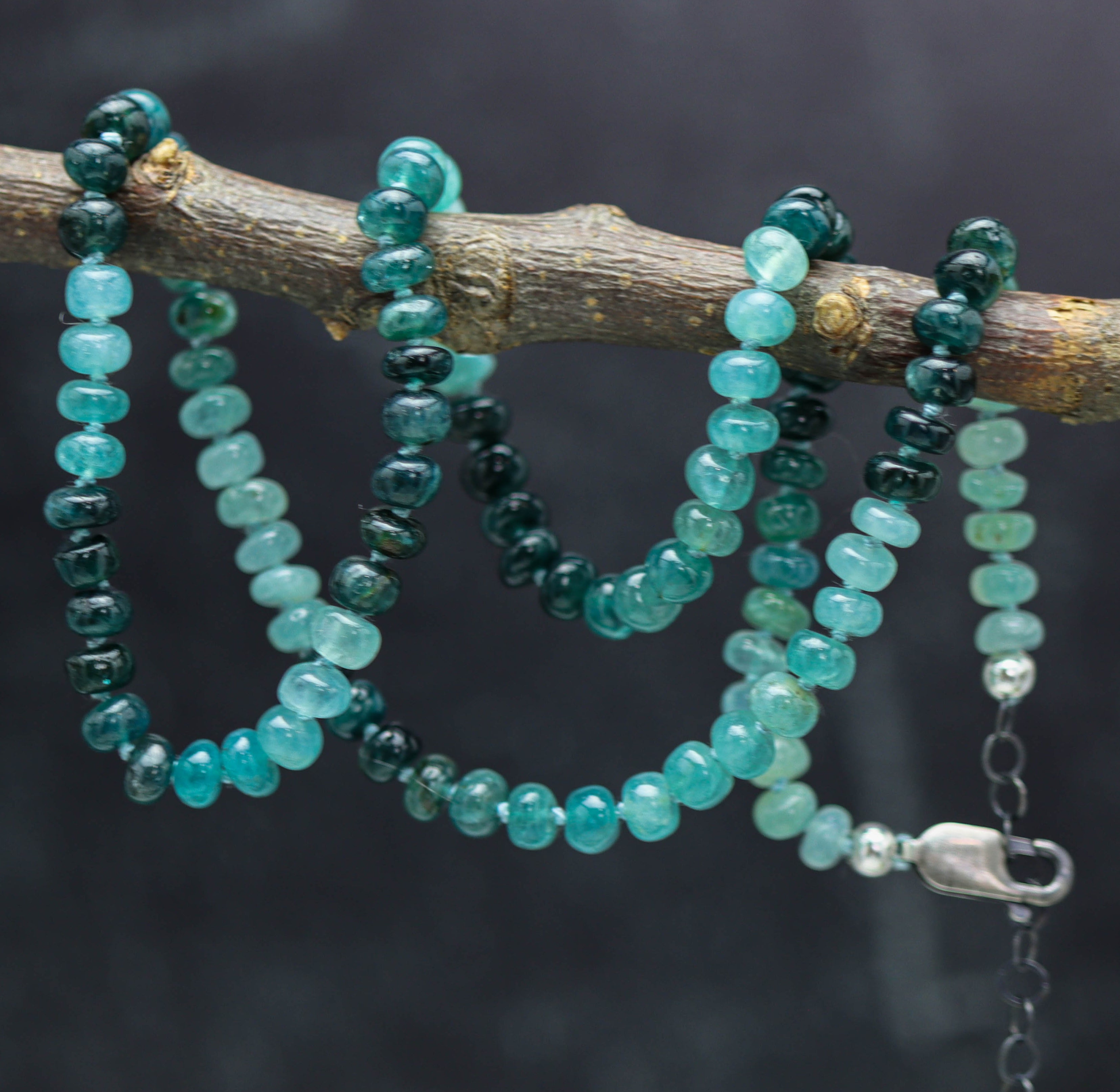 *Last One* Rare Teal Blue Grandidierite Hand Knotted Bead Necklace Sterling Silver