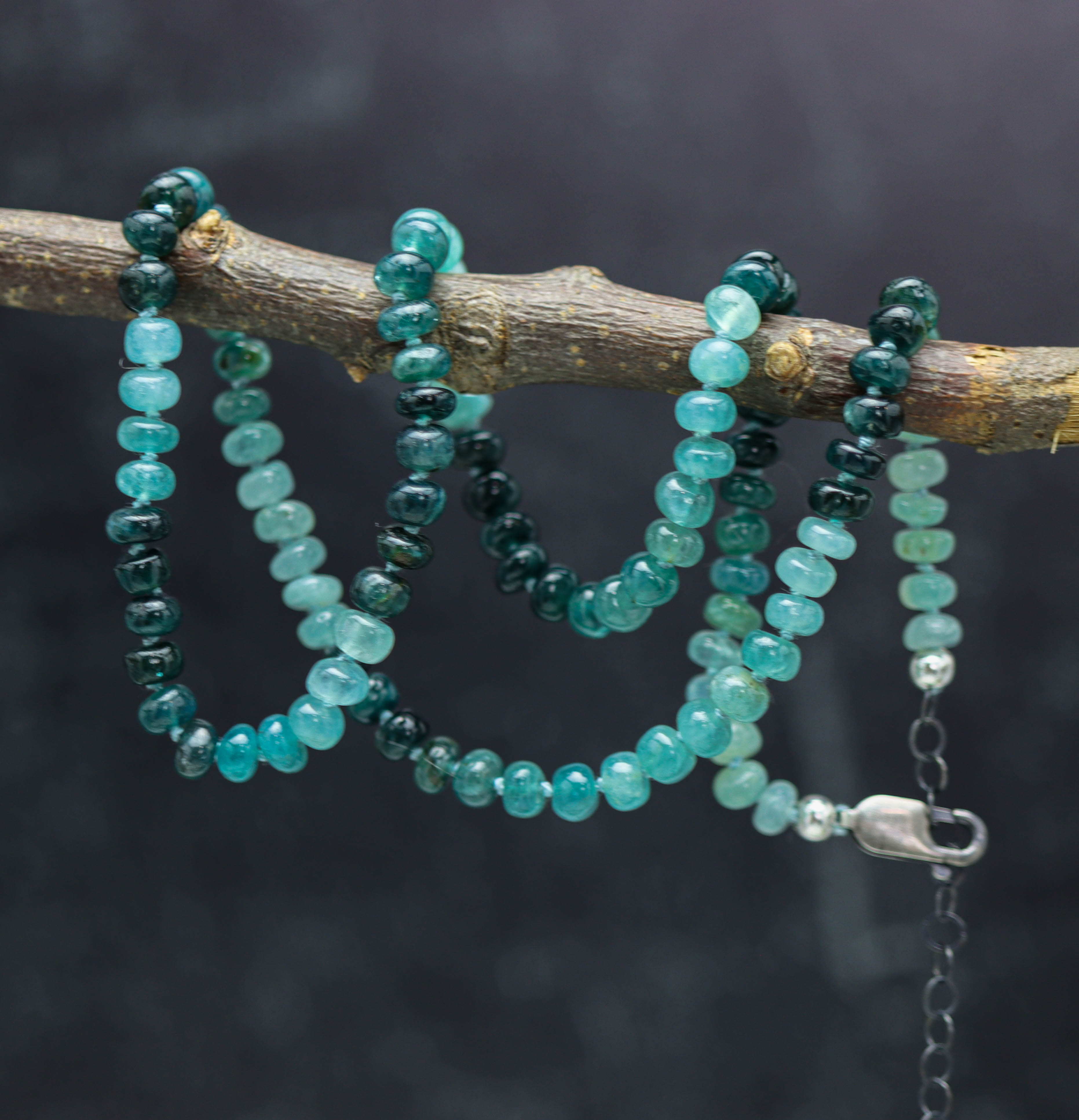 Rare Teal Blue Grandidierite Hand Knotted Bead Necklace Sterling Silver