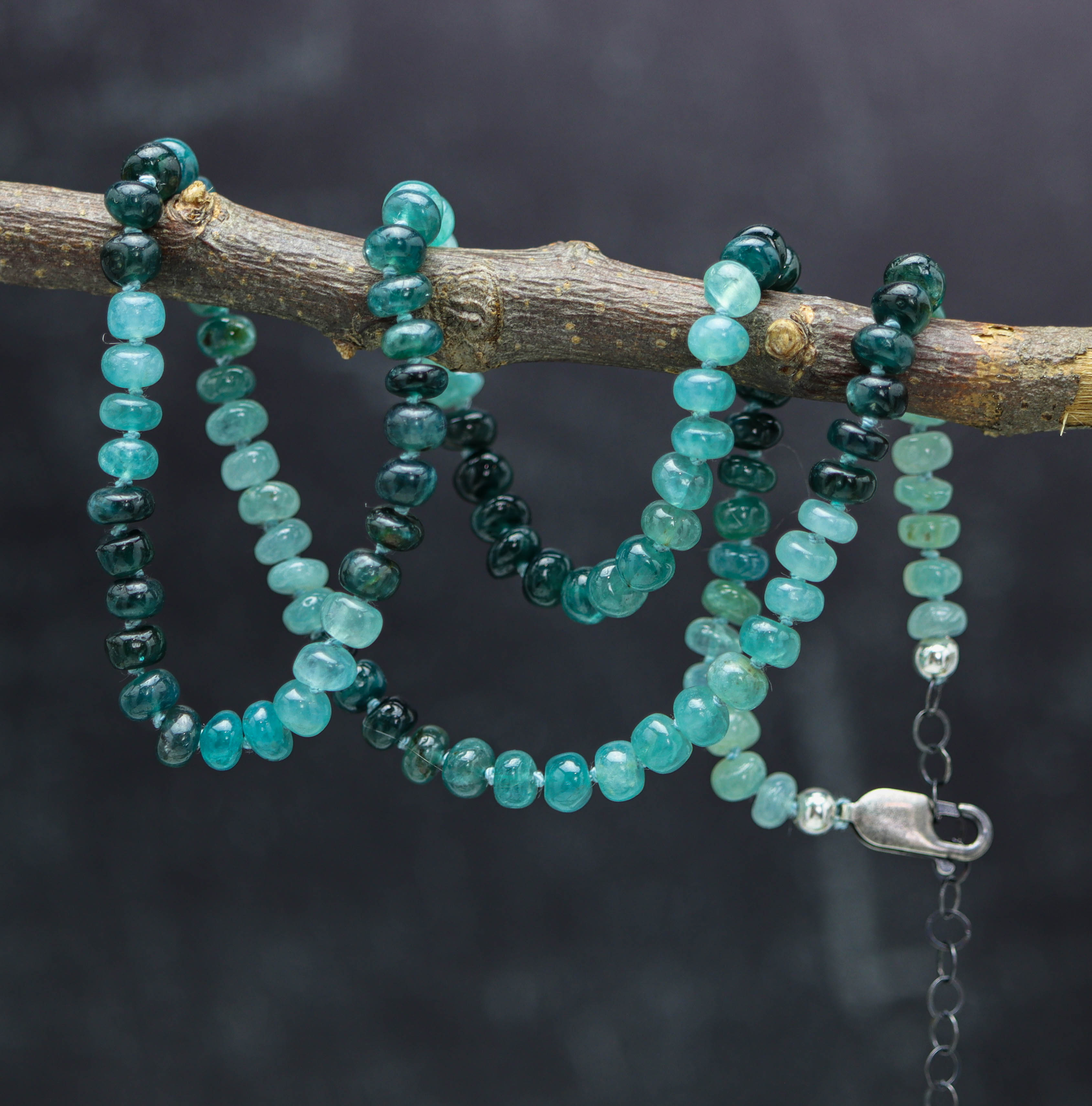 Rare Teal Blue Grandidierite Hand Knotted Bead Necklace Sterling Silver