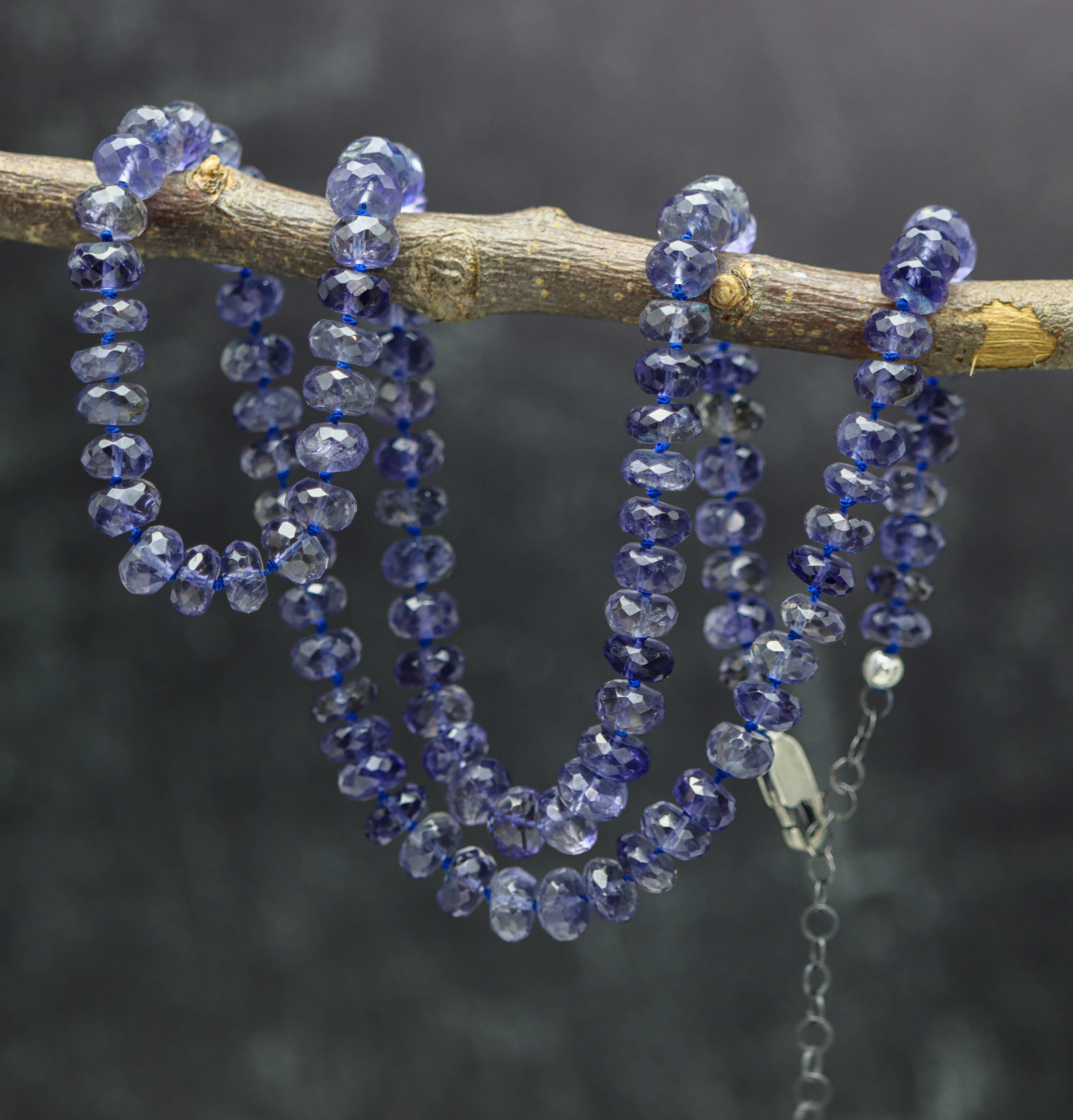 Blue Violet Iolite Hand Knotted Bead Necklace Sterling Silver
