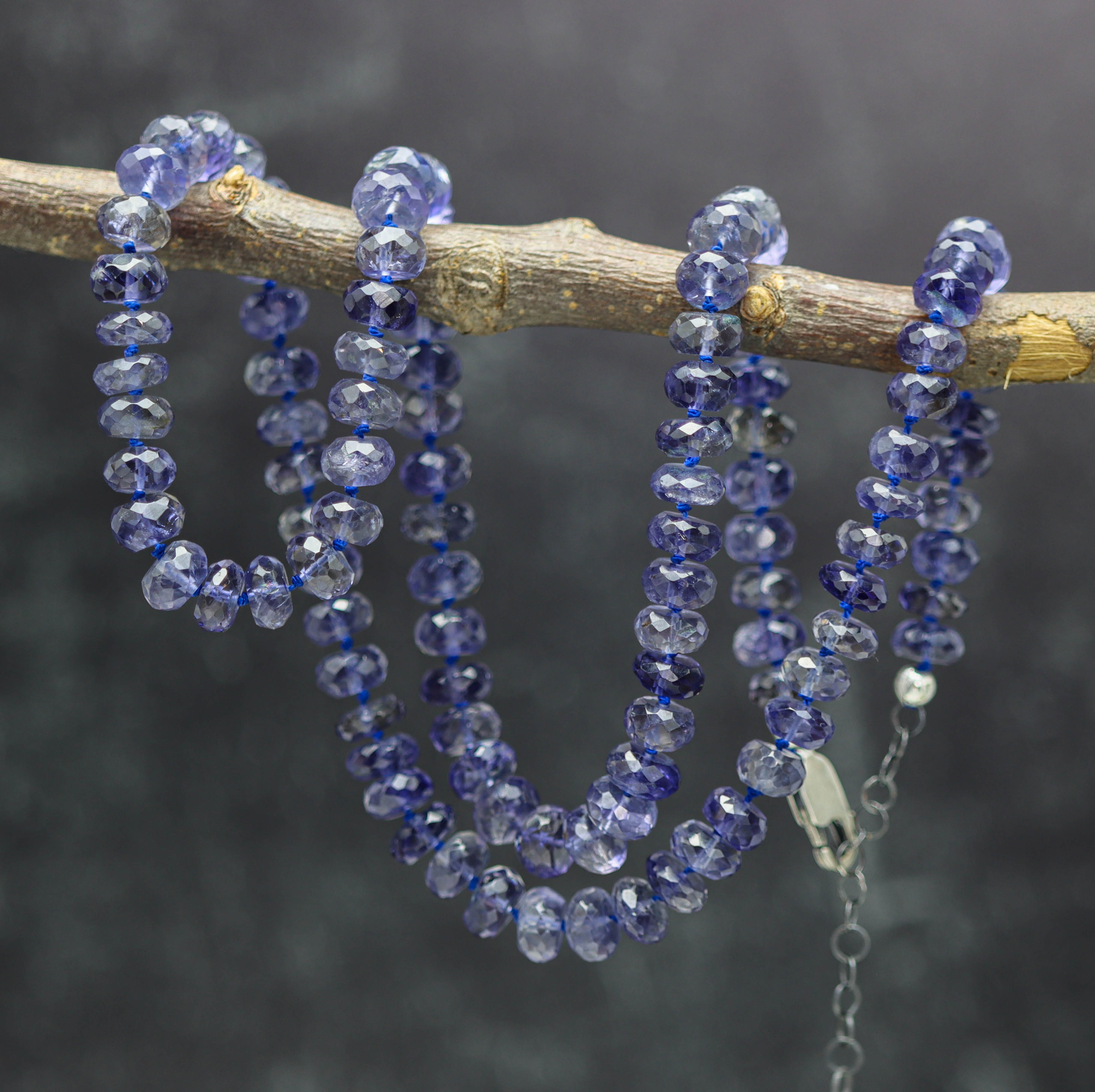 Blue Violet Iolite Hand Knotted Bead Necklace Sterling Silver