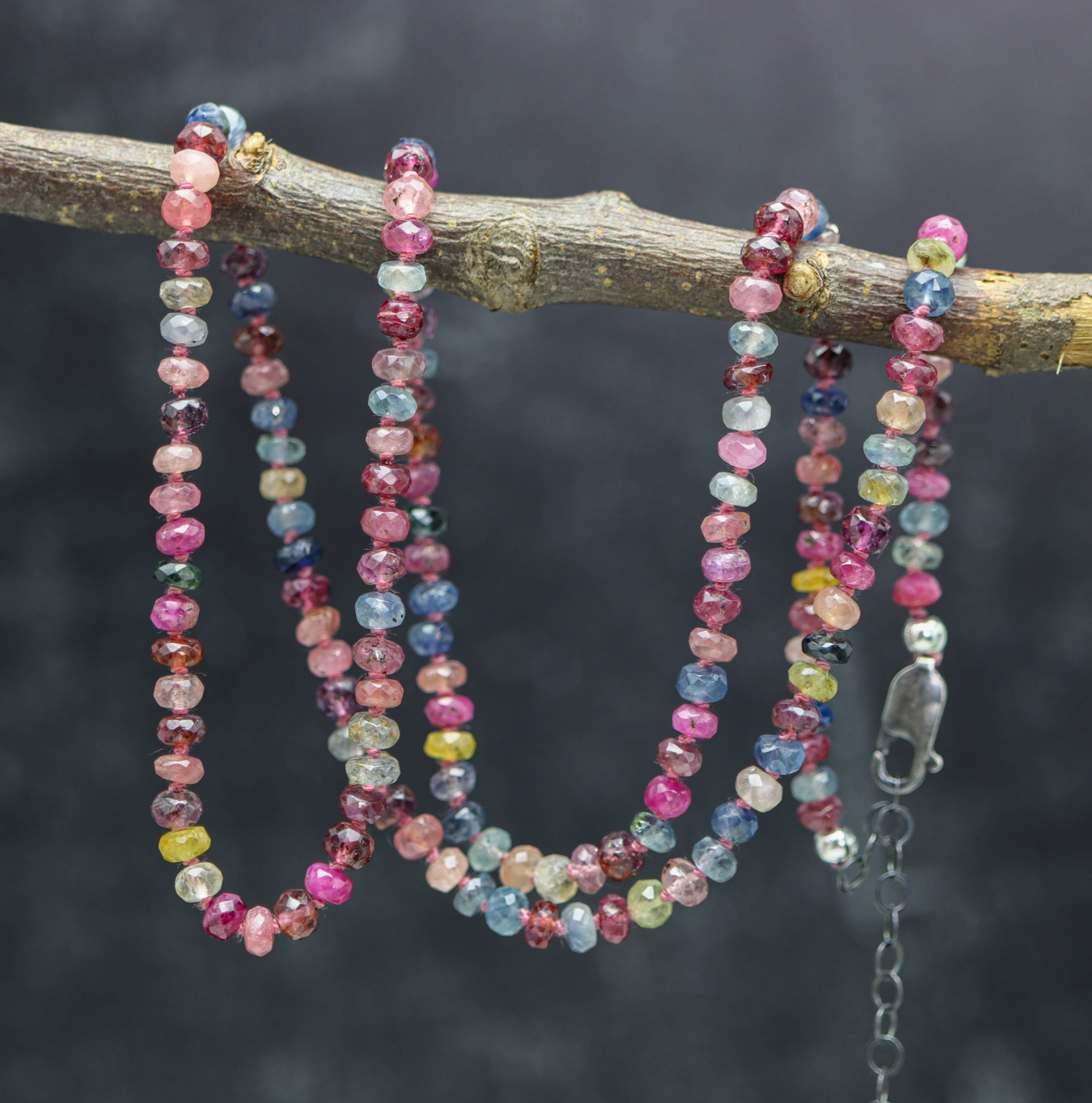 Multi Colored Sapphire Hand Knotted Bead Necklace Sterling Silver 24 inch