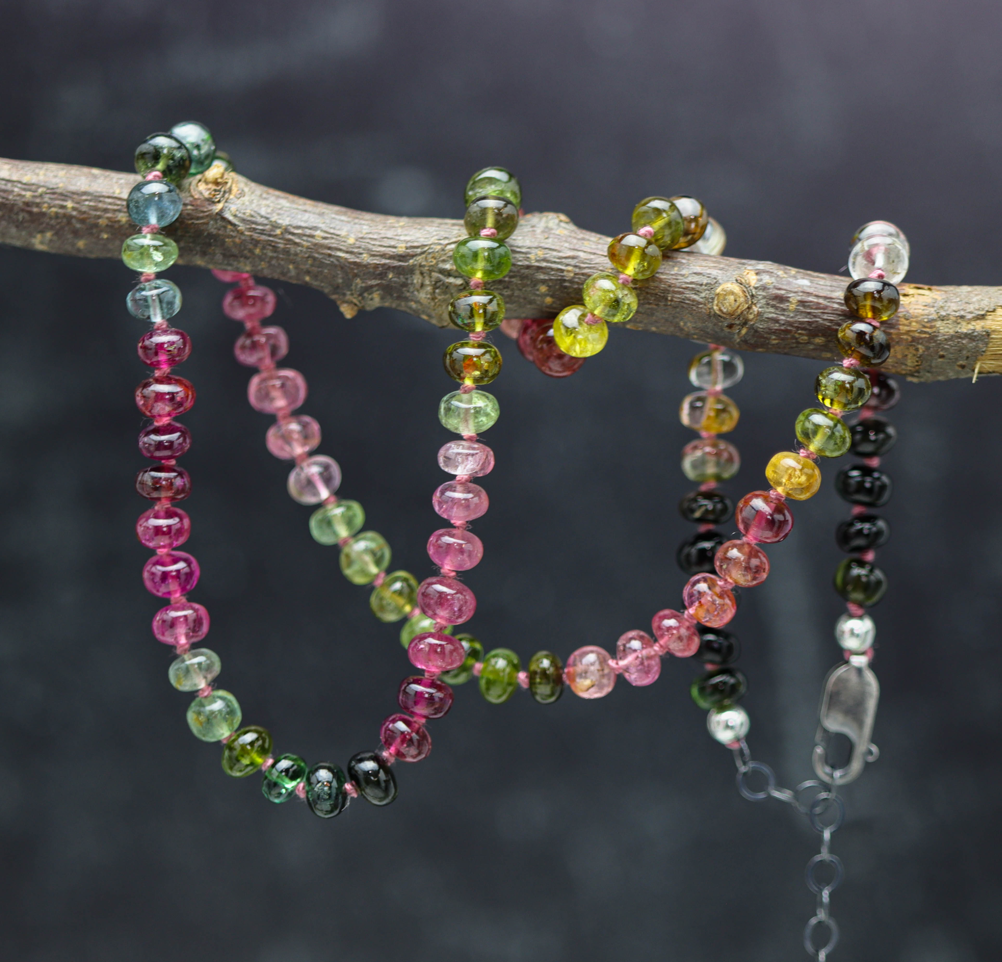 Multi-Colored Tourmaline Hand Knotted Bead Necklace Sterling Silver