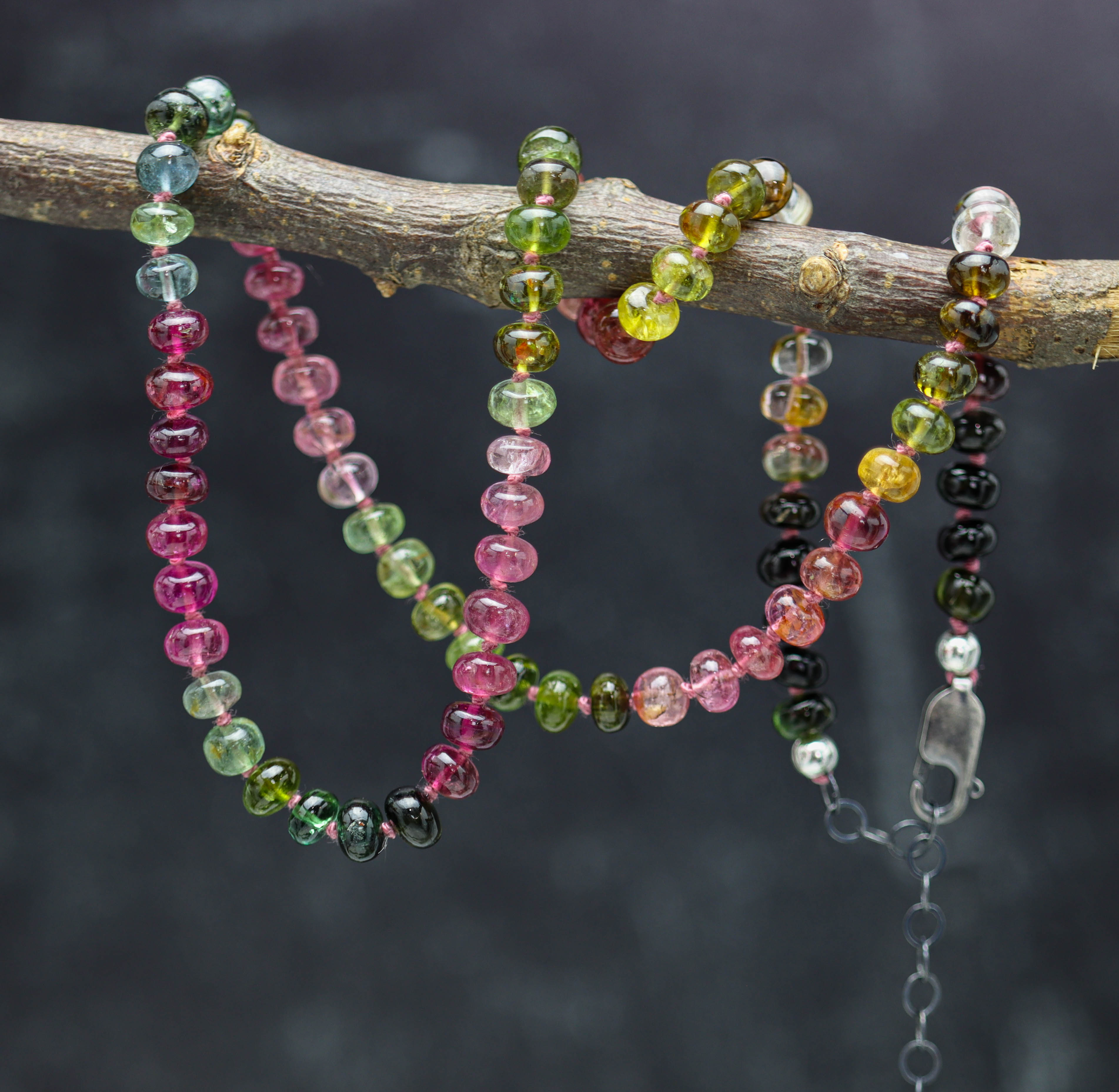 Multi-Colored Tourmaline Hand Knotted Bead Necklace Sterling Silver