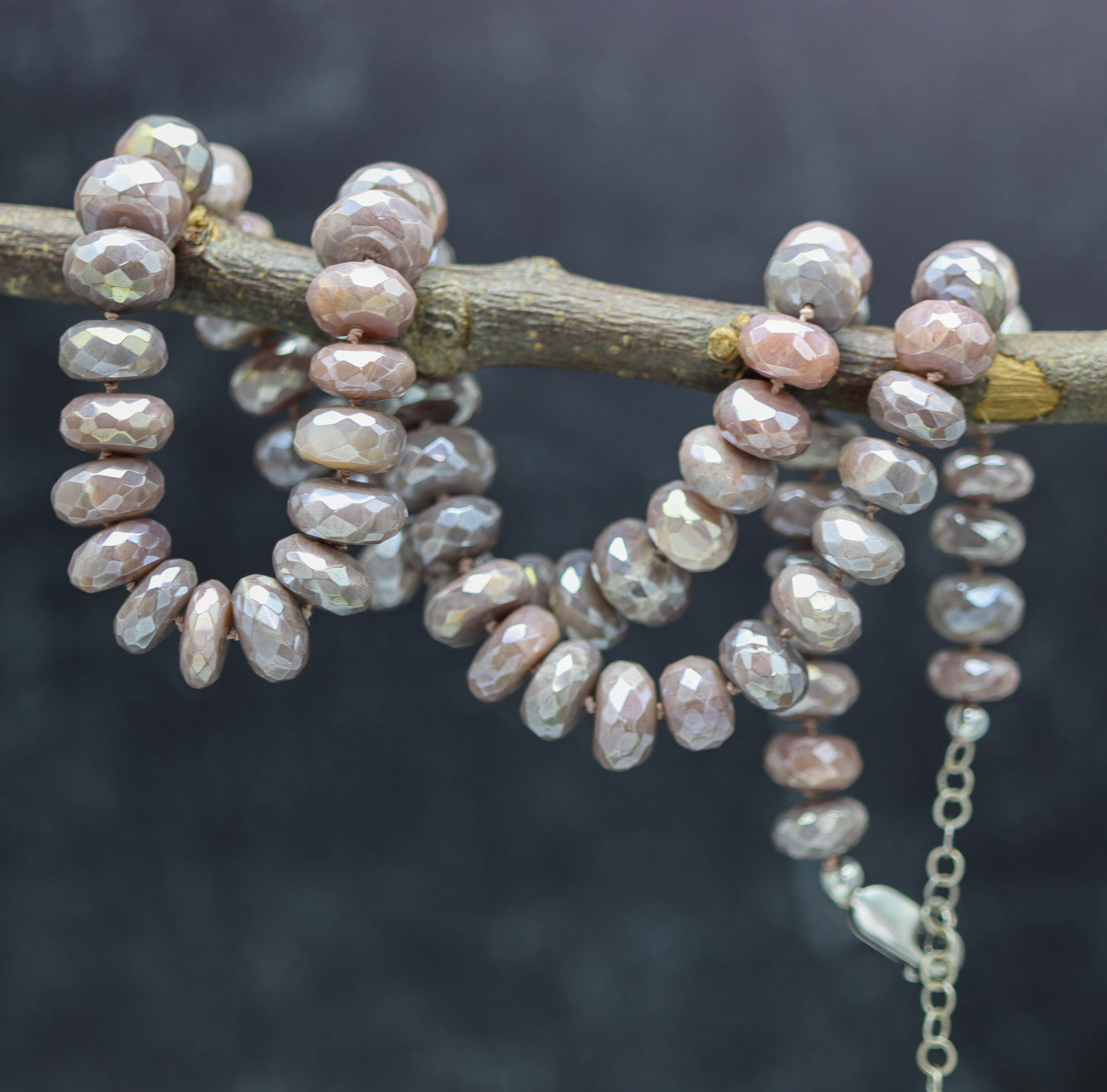 Peachy Pink Moonstone Hand Knotted Bead Necklace Sterling Silver