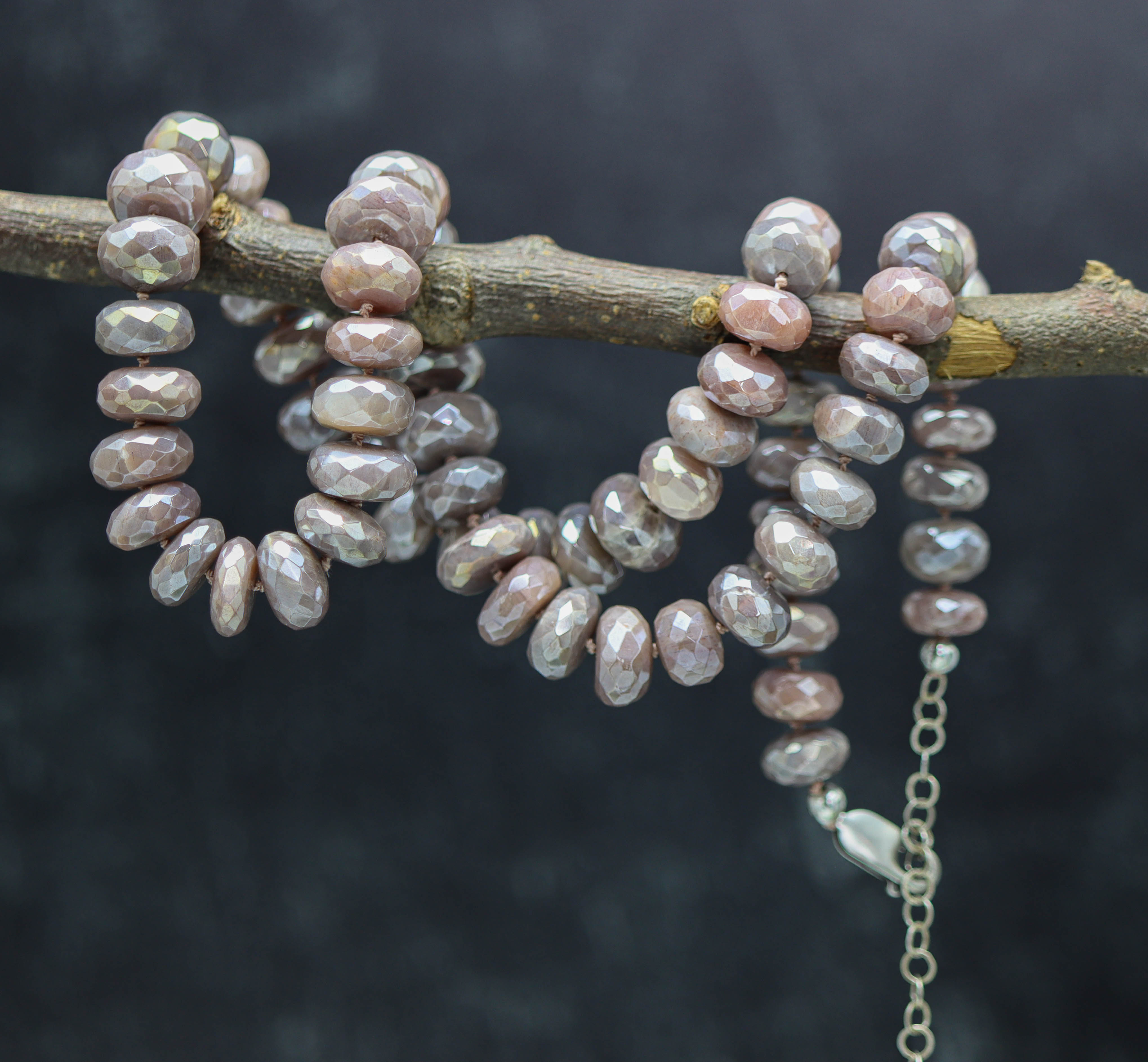Peachy Pink Moonstone Hand Knotted Bead Necklace Sterling Silver