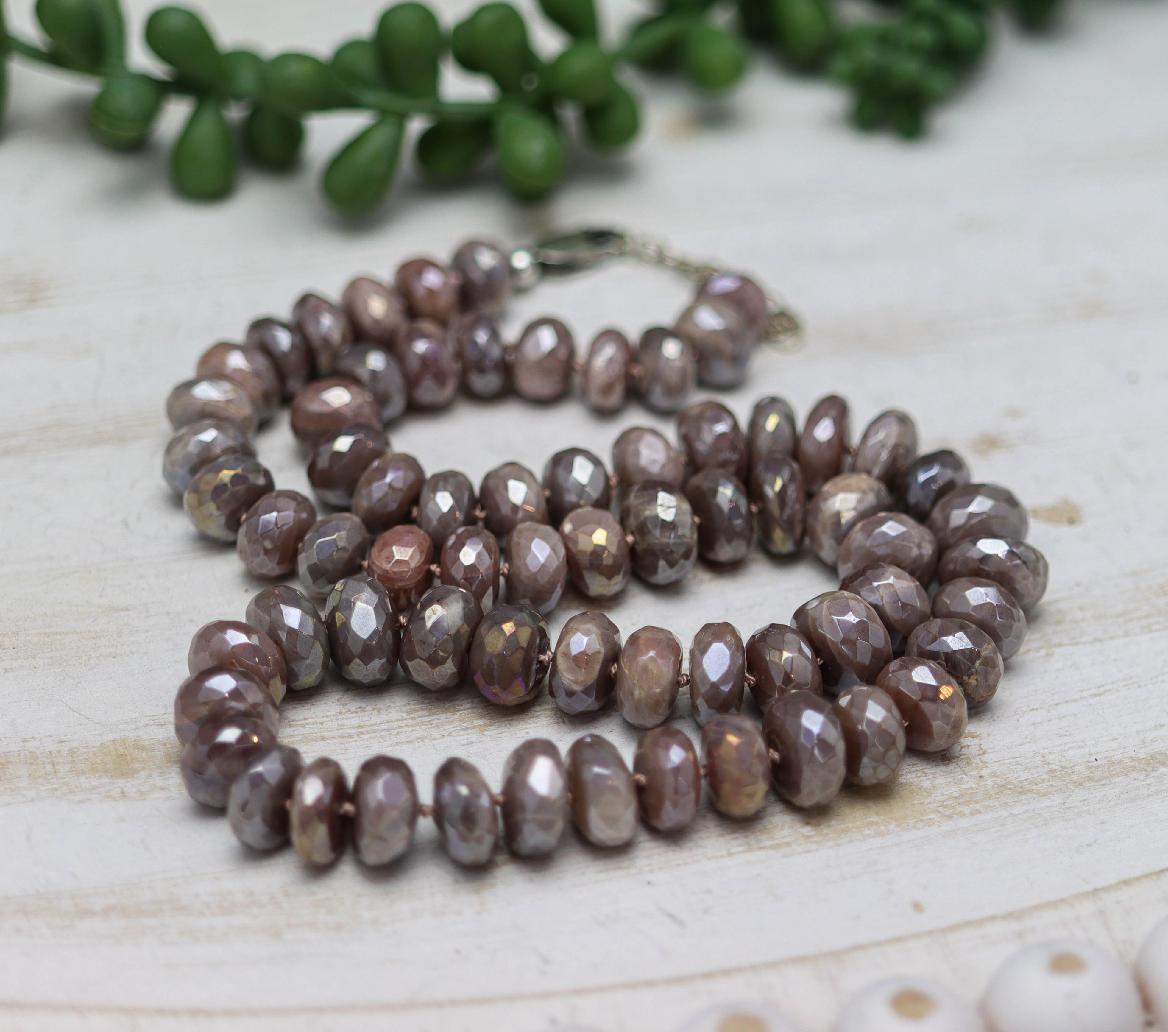 Peachy Pink Moonstone Hand Knotted Bead Necklace Sterling Silver