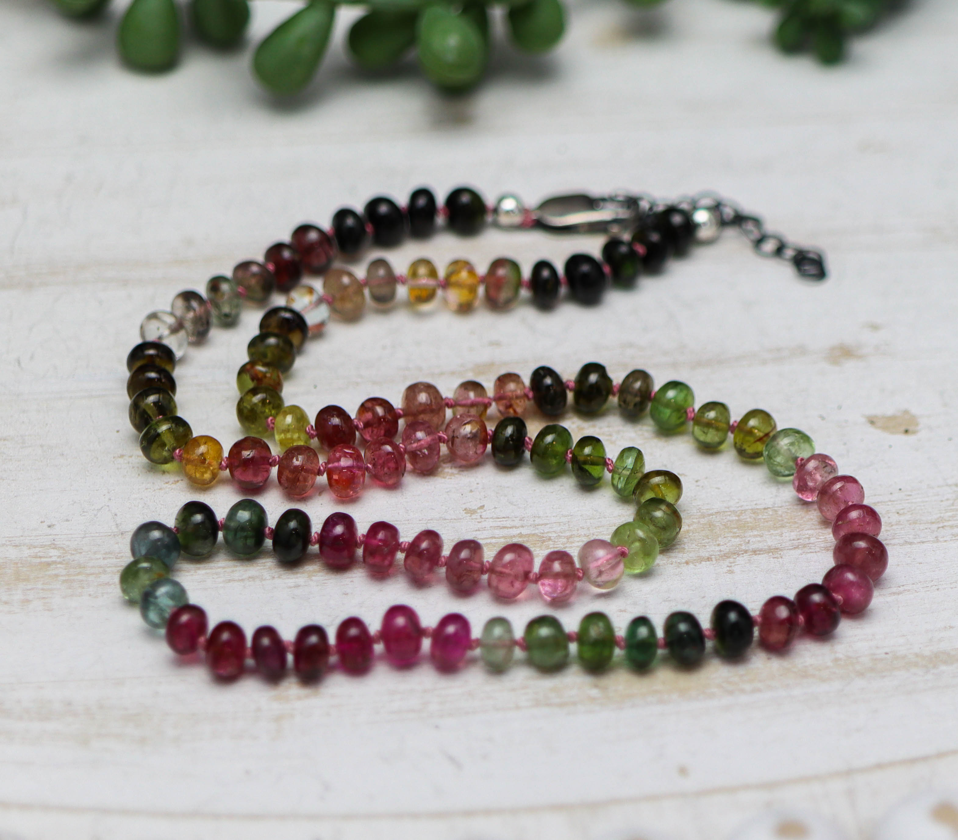 Multi-Colored Tourmaline Hand Knotted Bead Necklace Sterling Silver