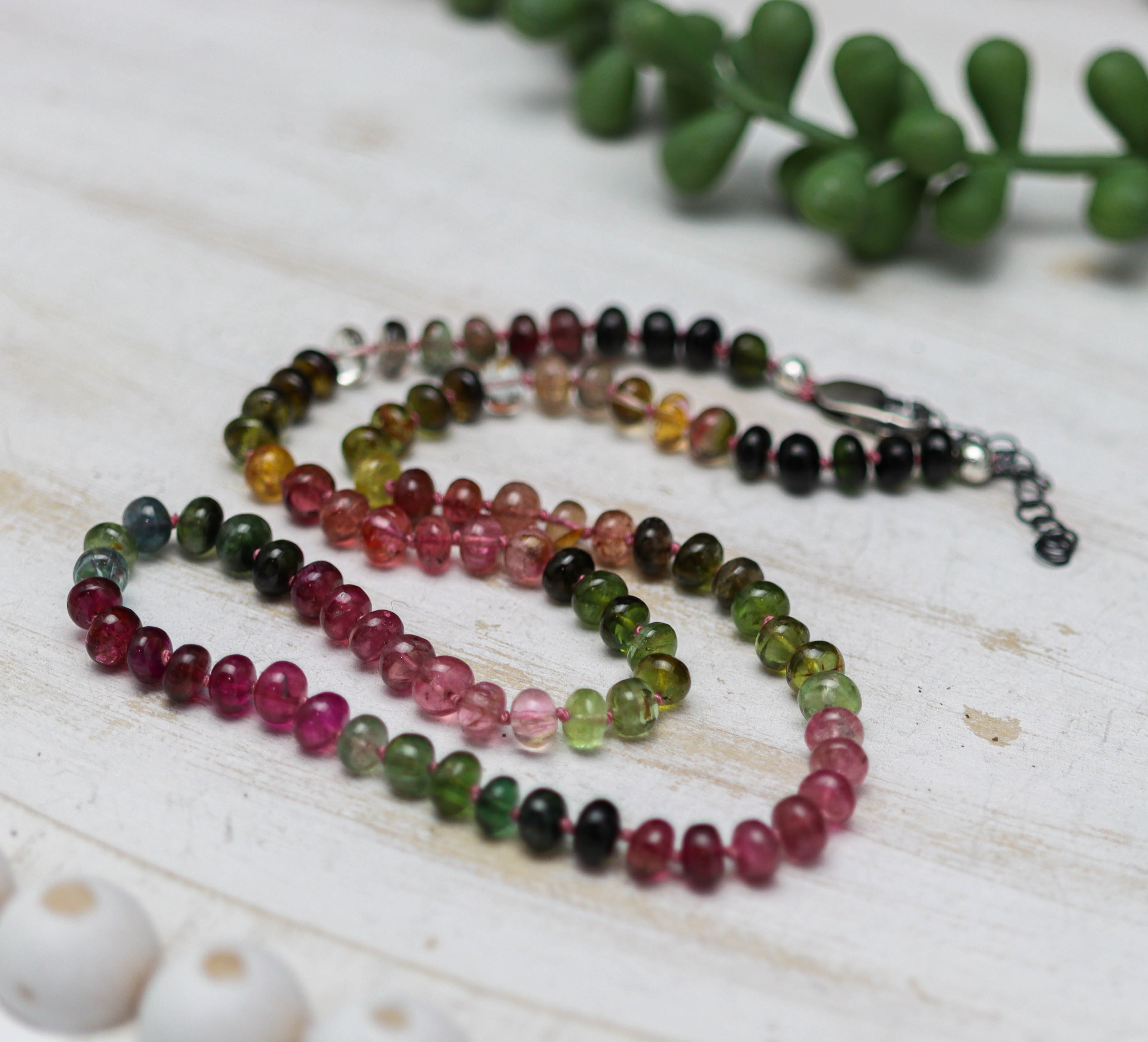 Multi-Colored Tourmaline Hand Knotted Bead Necklace Sterling Silver