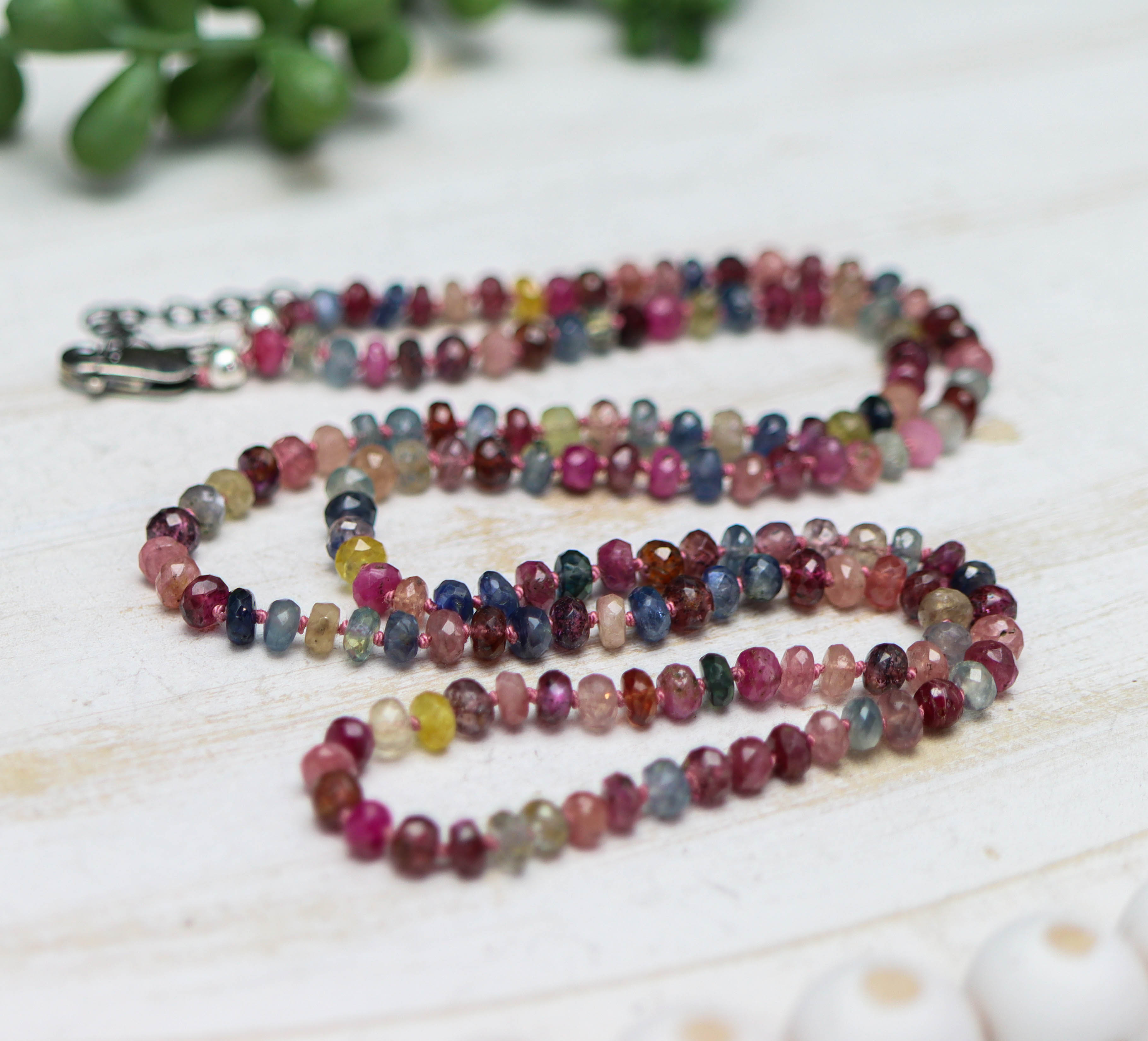 Multi Colored Sapphire Hand Knotted Bead Necklace Sterling Silver 24 inch