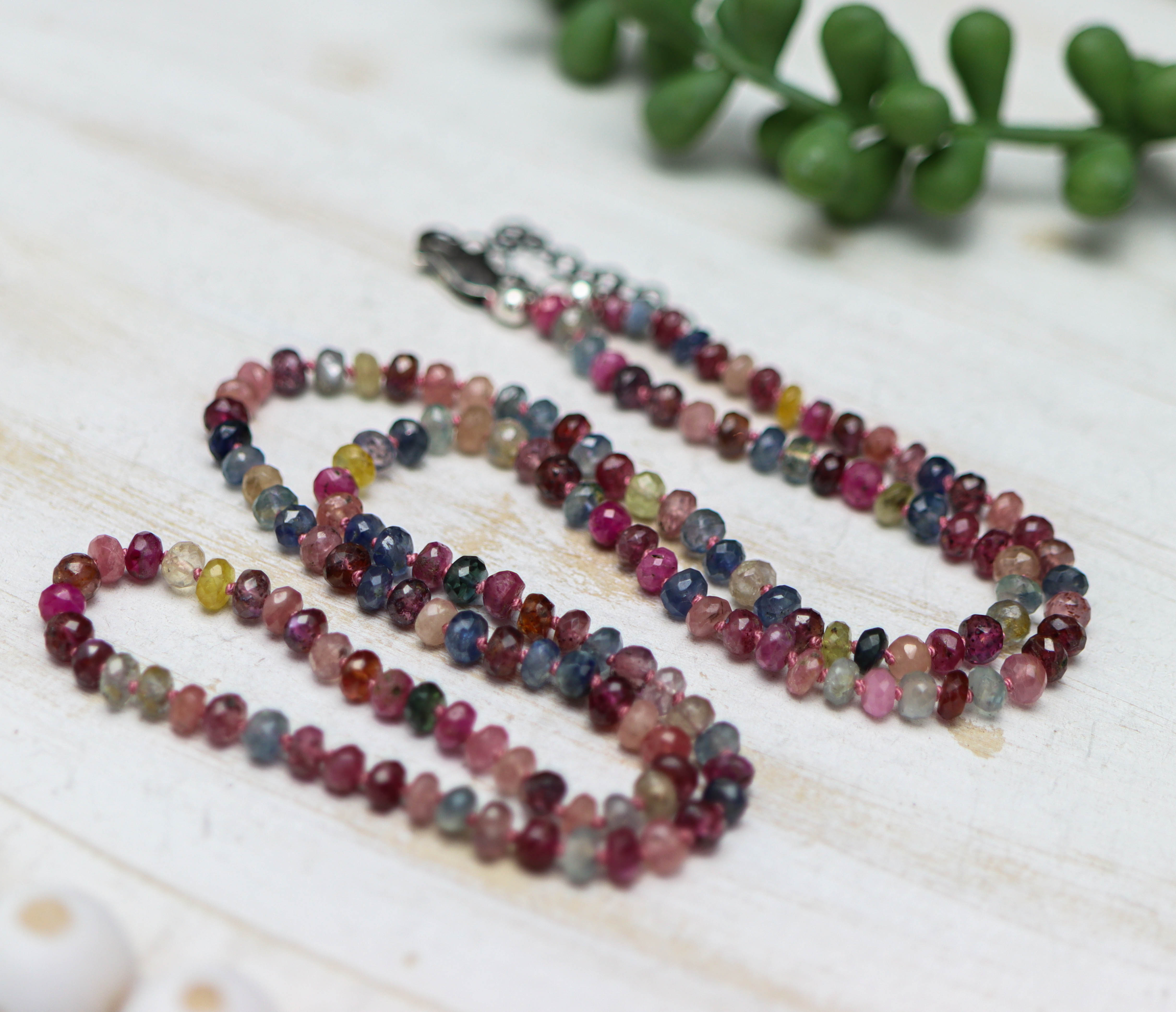 Multi Colored Sapphire Hand Knotted Bead Necklace Sterling Silver 24 inch