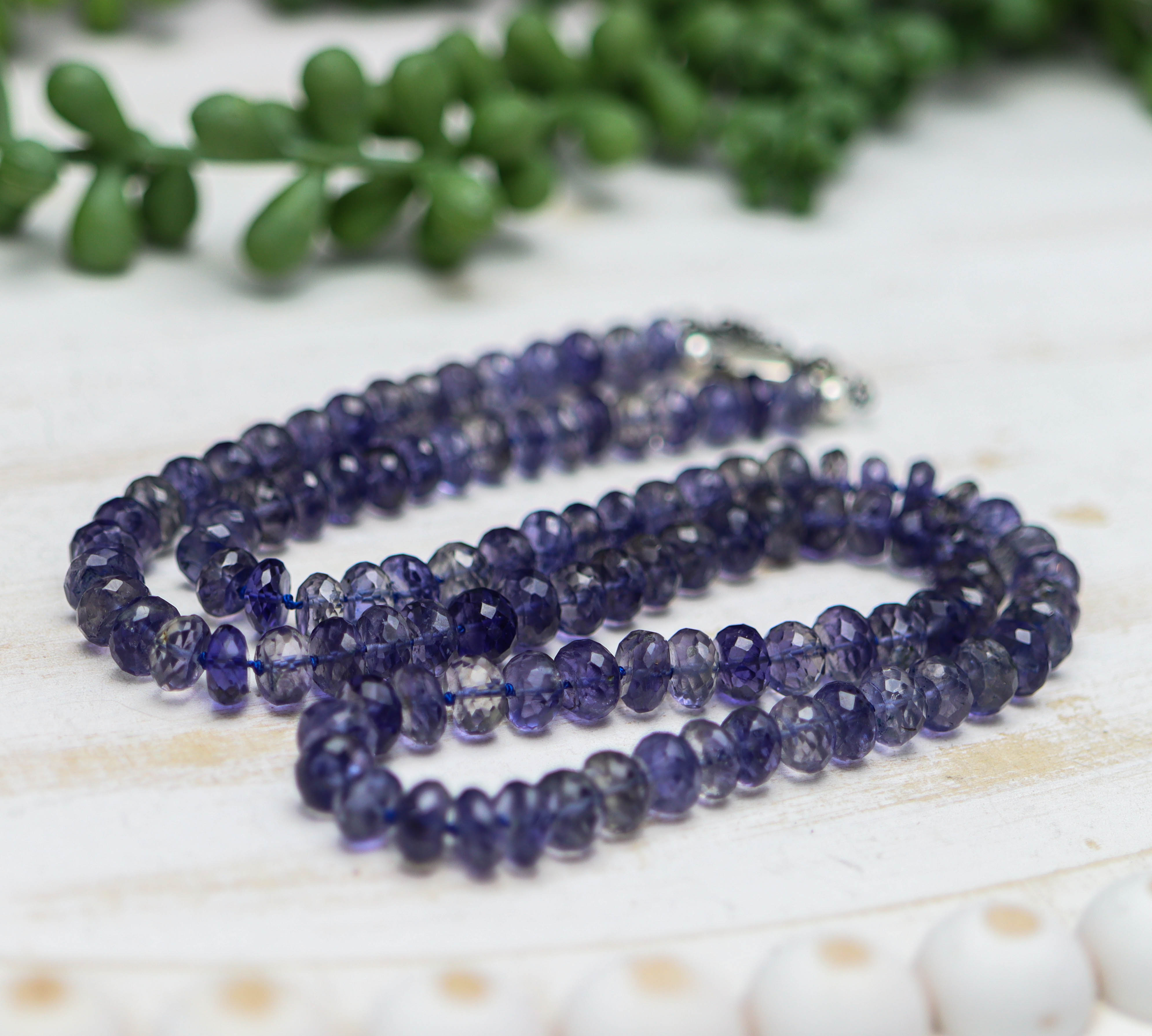 Blue Violet Iolite Hand Knotted Bead Necklace Sterling Silver