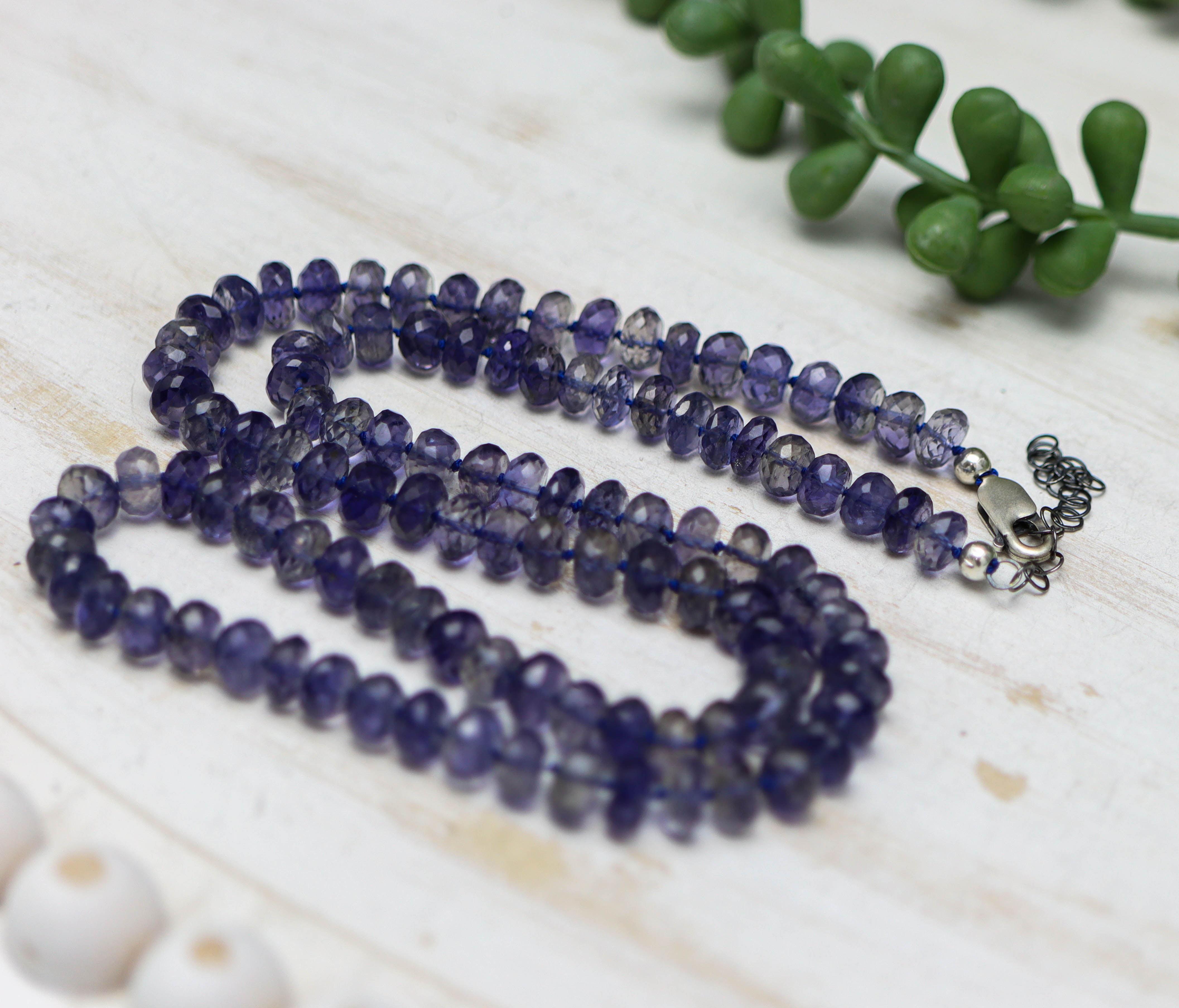 Blue Violet Iolite Hand Knotted Bead Necklace Sterling Silver