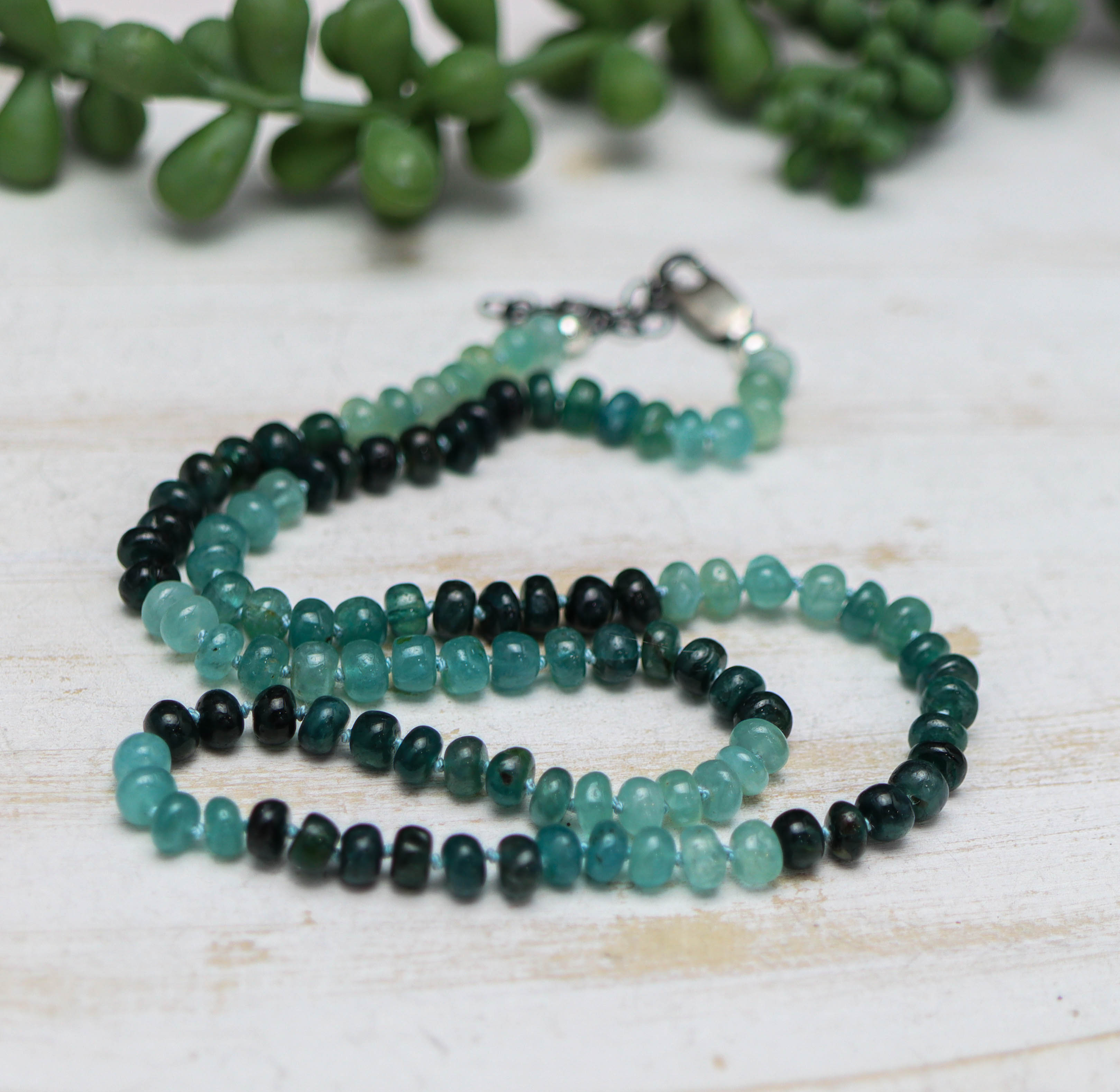 Rare Teal Blue Grandidierite Hand Knotted Bead Necklace Sterling Silver